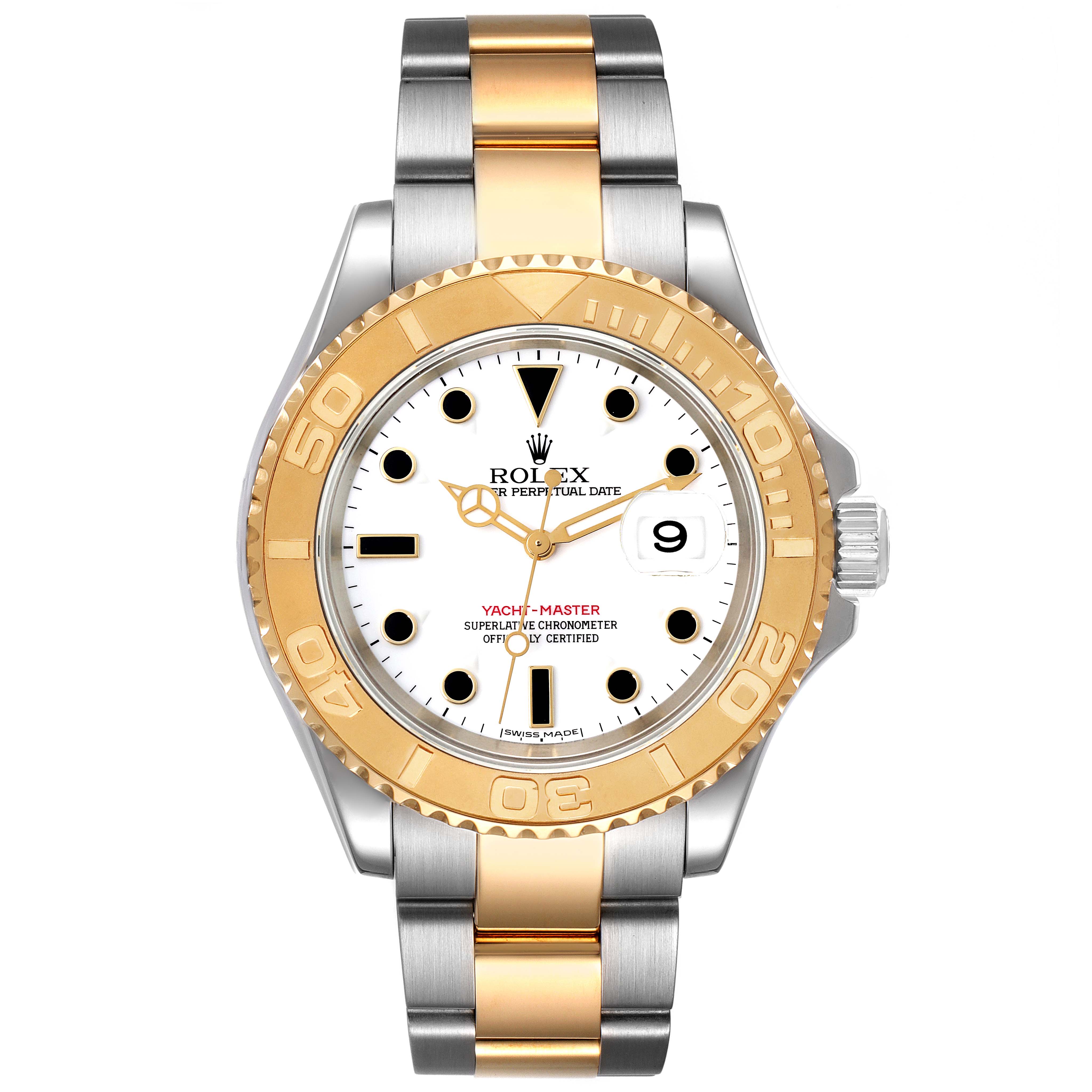 This is a frontal view of a Rolex Yacht-Master 16623 Men
s Steel and Gold (two tone) White Dial 16623 Men
s Steel and Gold (two tone) White Dial watch showing its two-tone bracelet, bezel, and dial.