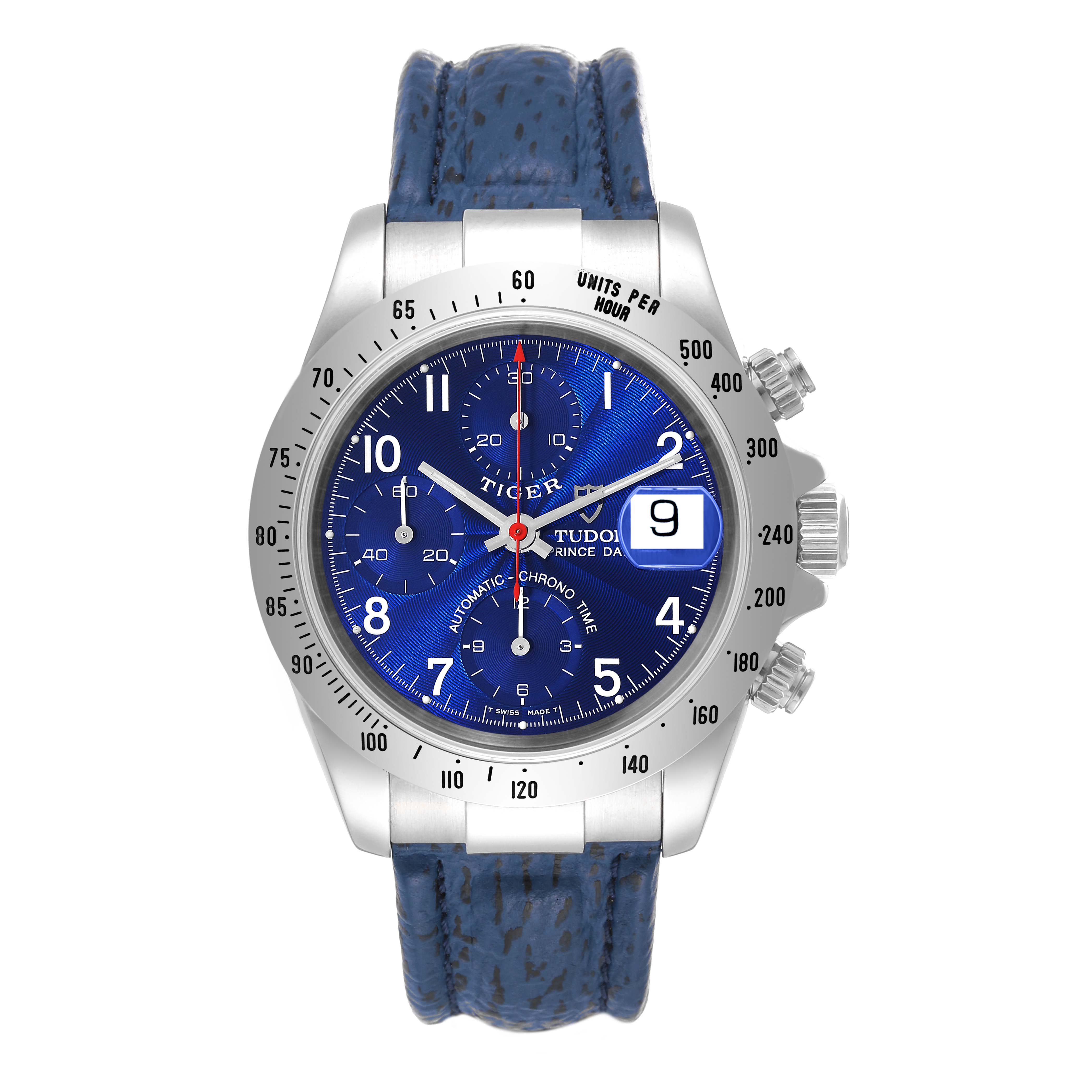 The image shows a front view of the Tudor Tiger 79280 Men's Stainless Steel Blue Dial 79280 Men's Stainless Steel Blue Dial watch, highlighting its blue dial, chronograph features, bezel, and leather strap.