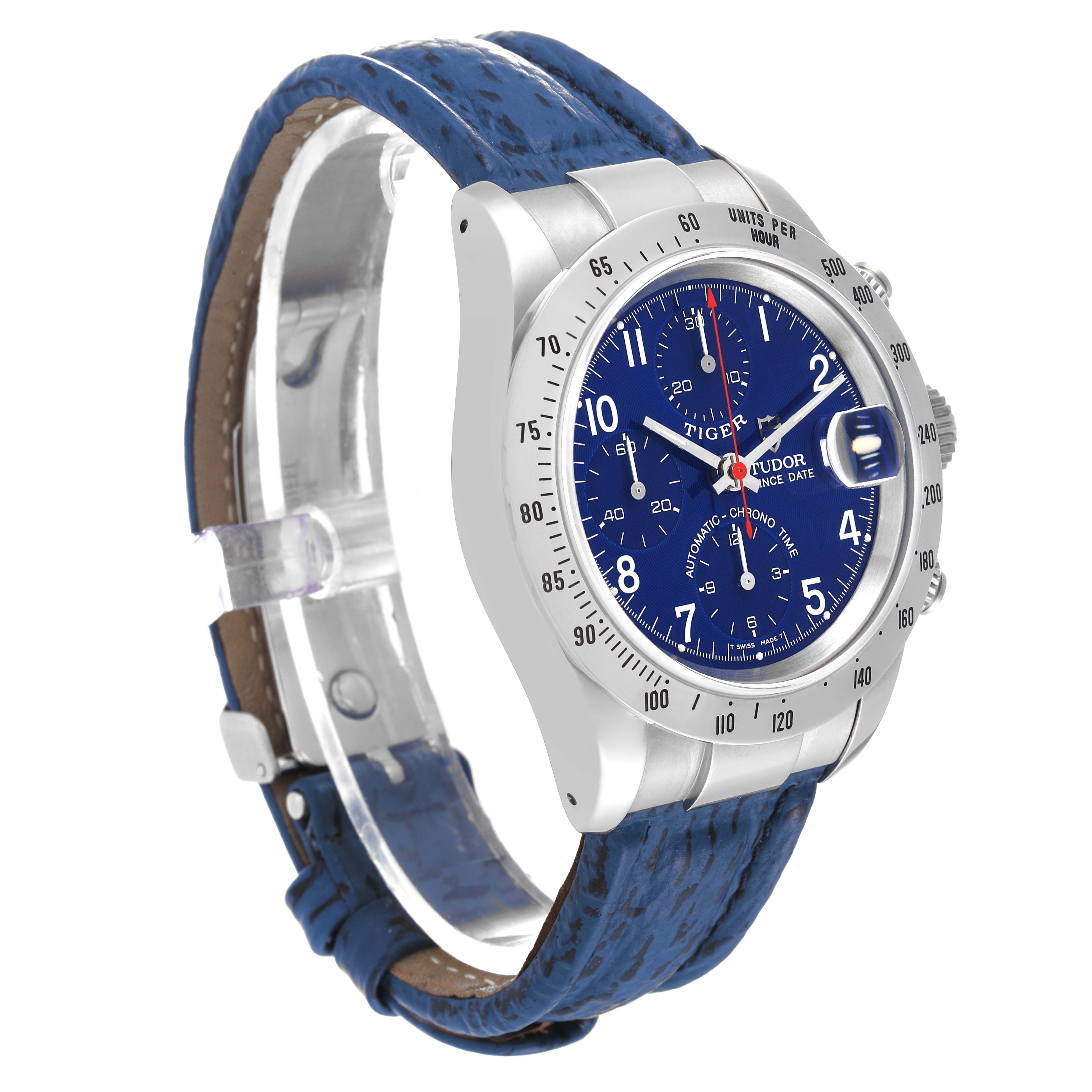 The Tudor Tiger 79280 Men's Stainless Steel Blue Dial 79280 Men's Stainless Steel Blue Dial watch is shown at an angle displaying the blue dial, bezel, and blue leather strap.