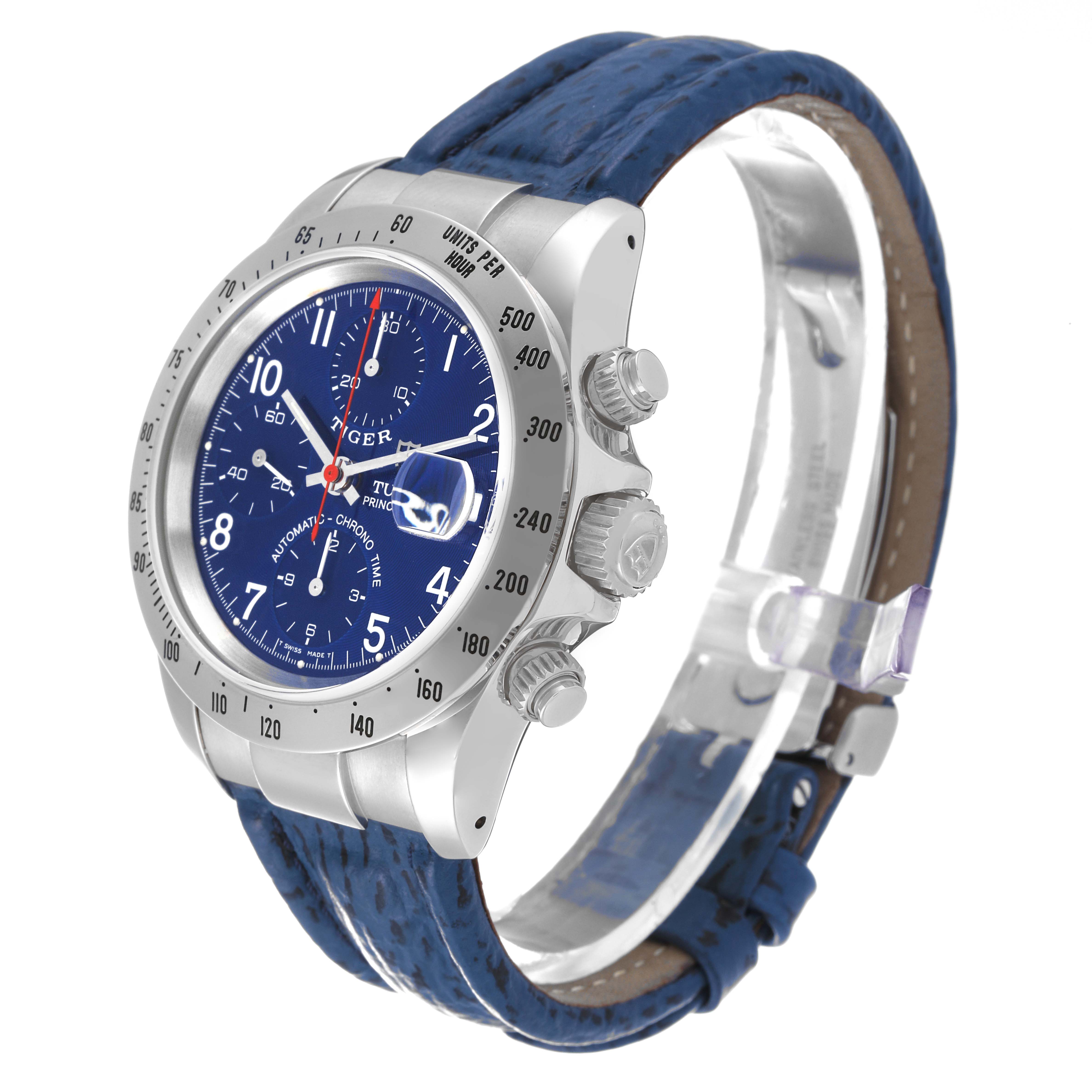 The Tudor Tiger 79280 Men's Stainless Steel Blue Dial 79280 Men's Stainless Steel Blue Dial model watch is shown from an angled side view, highlighting the face, bezel, crown, pushers, and blue leather strap.