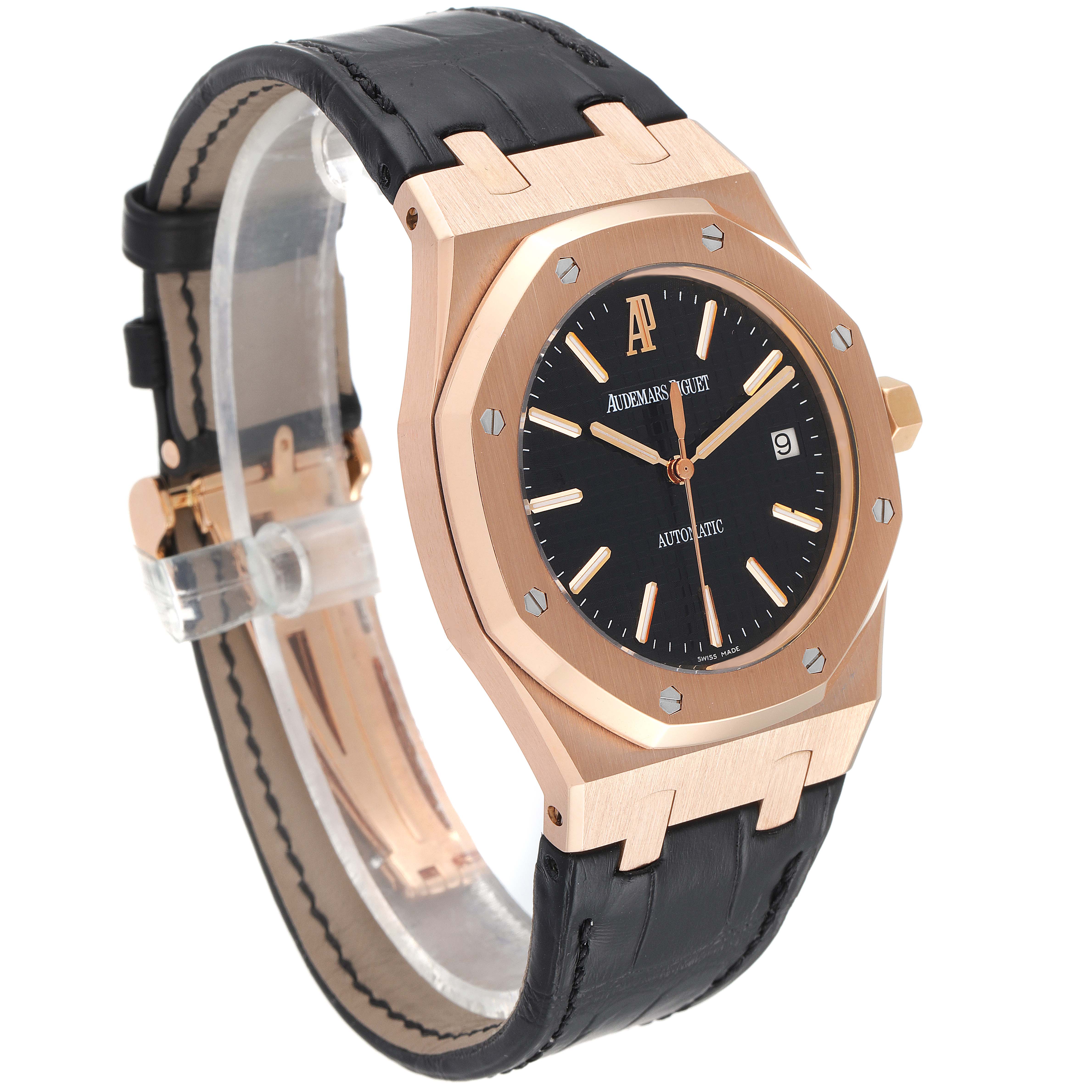 The Royal Oak by Audemars Piguet is shown at a three-quarter angle, highlighting its rose gold case and black leather strap.
