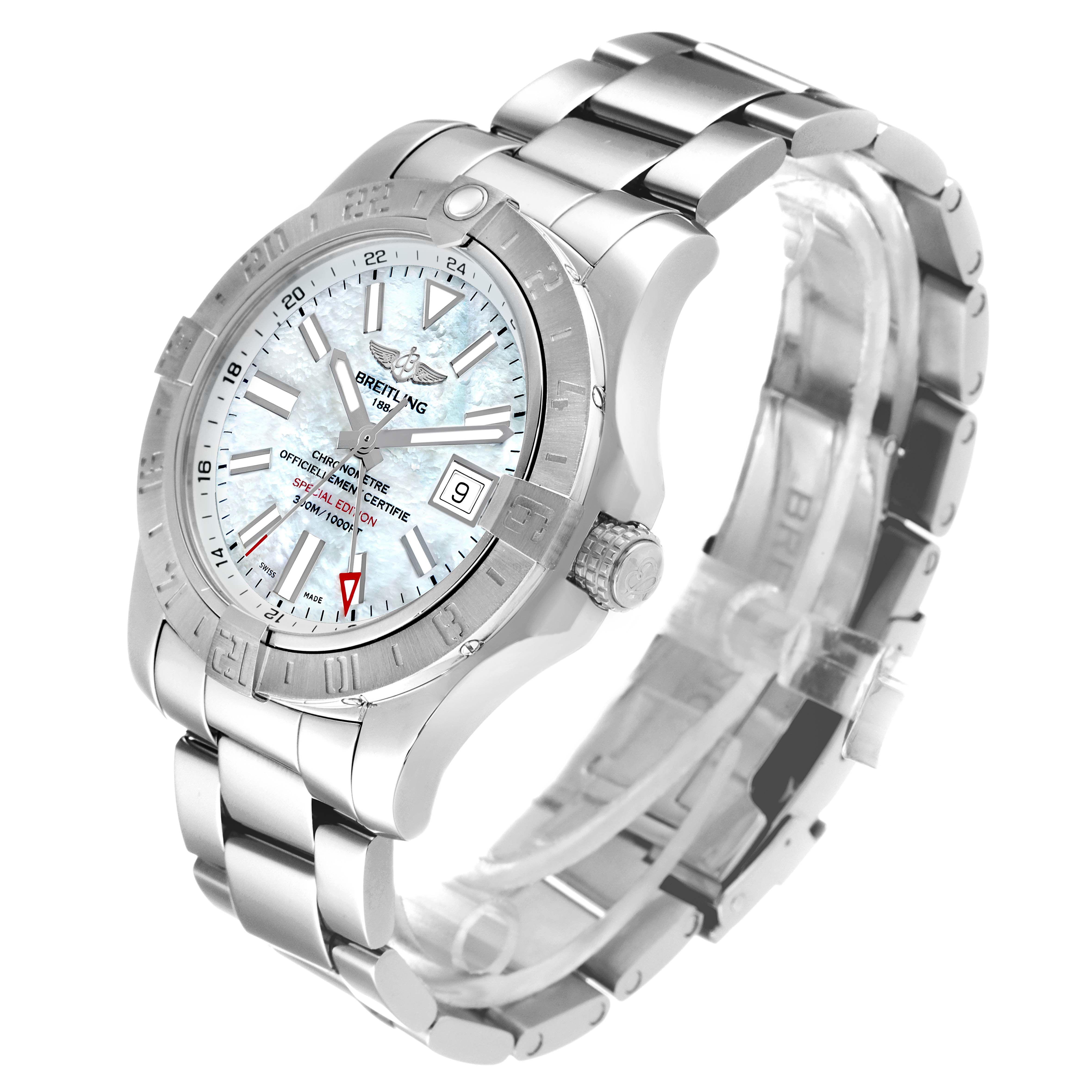 The image shows a Breitling Avenger A3239011-C872-170A Men's Stainless Steel Mother of Pearl Dial A3239011-C872-170A Men's Stainless Steel Mother of Pearl Dial watch at an angled side view, highlighting the dial, bezel, and bracelet.