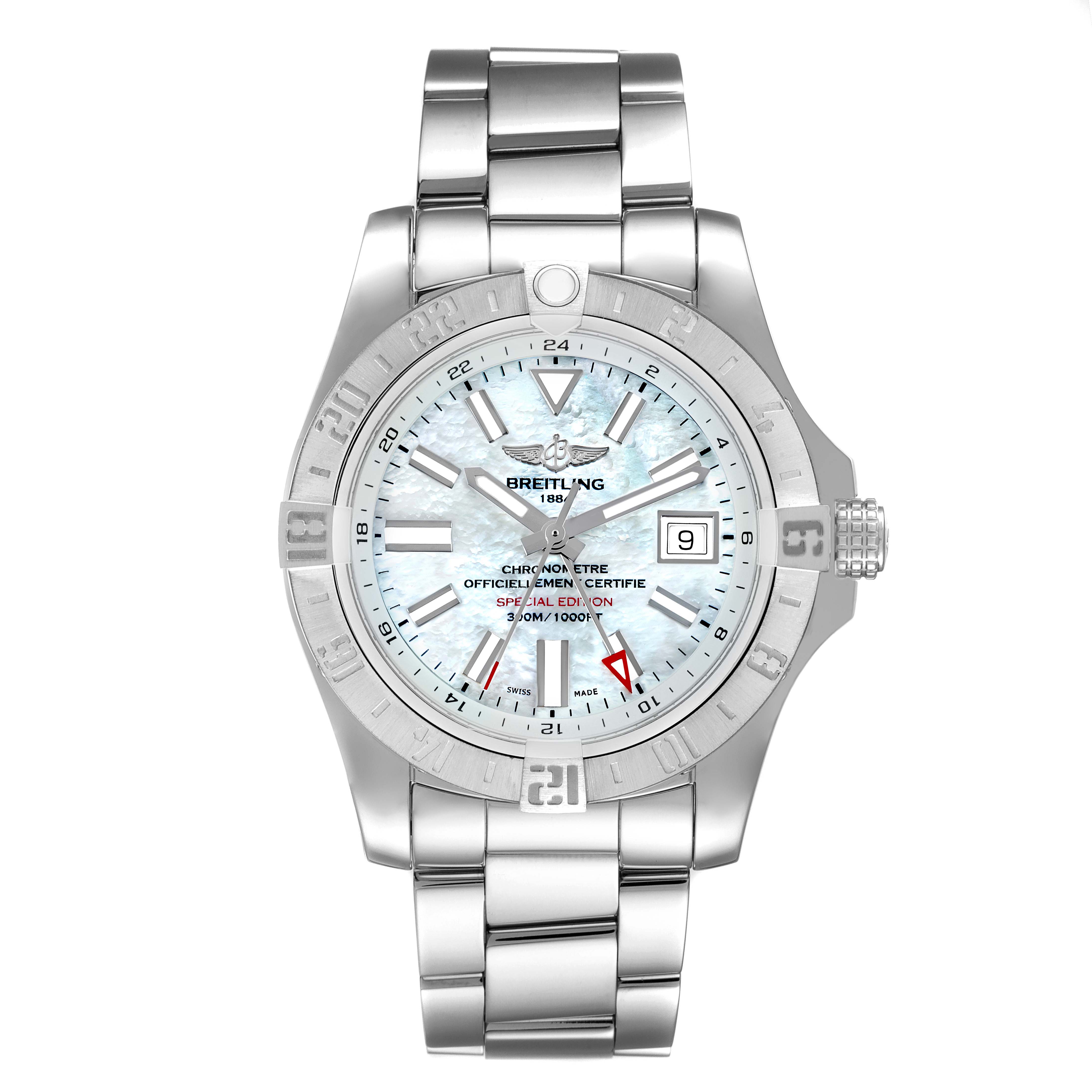 This image shows a front view of the Breitling Avenger A3239011-C872-170A Men's Stainless Steel Mother of Pearl Dial A3239011-C872-170A Men's Stainless Steel Mother of Pearl Dial watch, displaying the face, bezel, and stainless steel bracelet.