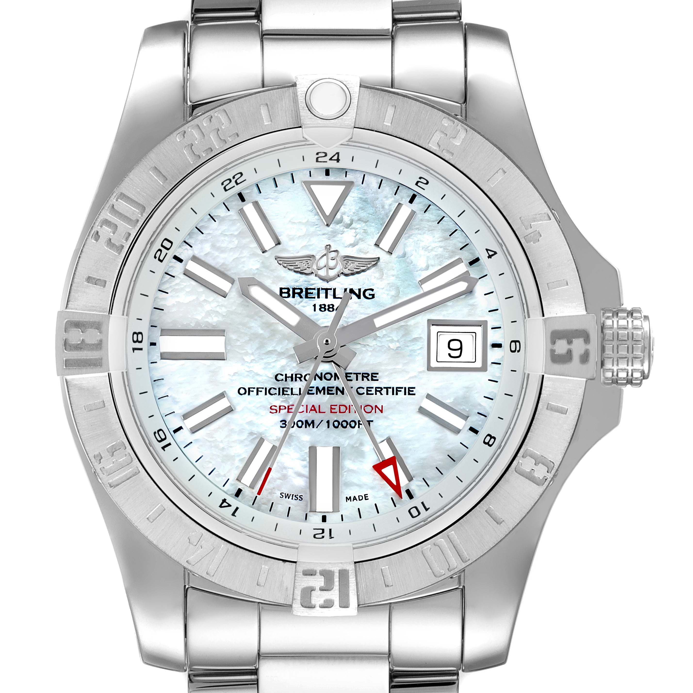 The image shows the front view of a Breitling Avenger A3239011-C872-170A Men's Stainless Steel Mother of Pearl Dial A3239011-C872-170A Men's Stainless Steel Mother of Pearl Dial watch displaying its dial, bezel, date window, and stainless steel bracelet.