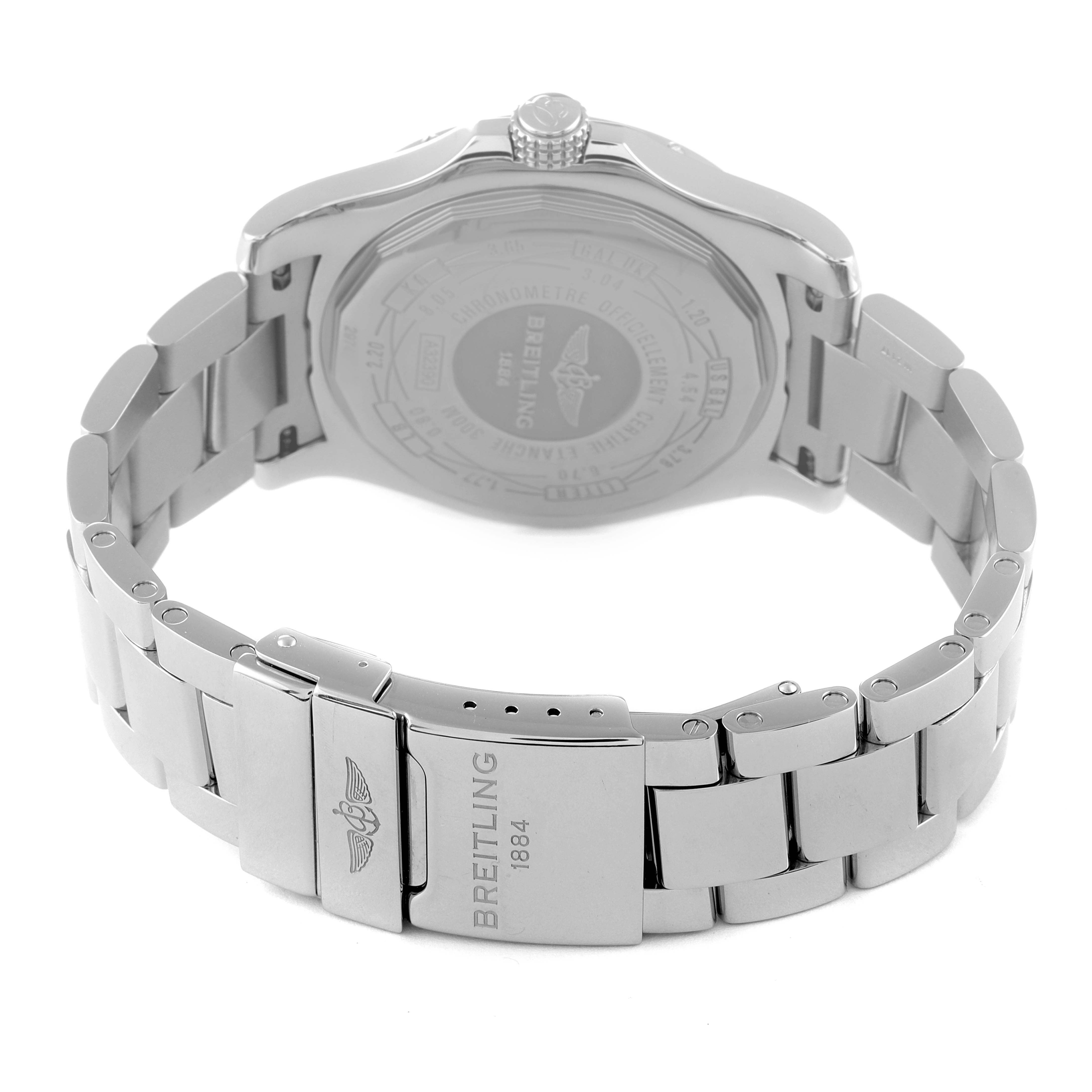 The image shows the back view and clasp of the Breitling Avenger A3239011-C872-170A Men's Stainless Steel Mother of Pearl Dial A3239011-C872-170A Men's Stainless Steel Mother of Pearl Dial model watch, highlighting the bracelet and case back details.