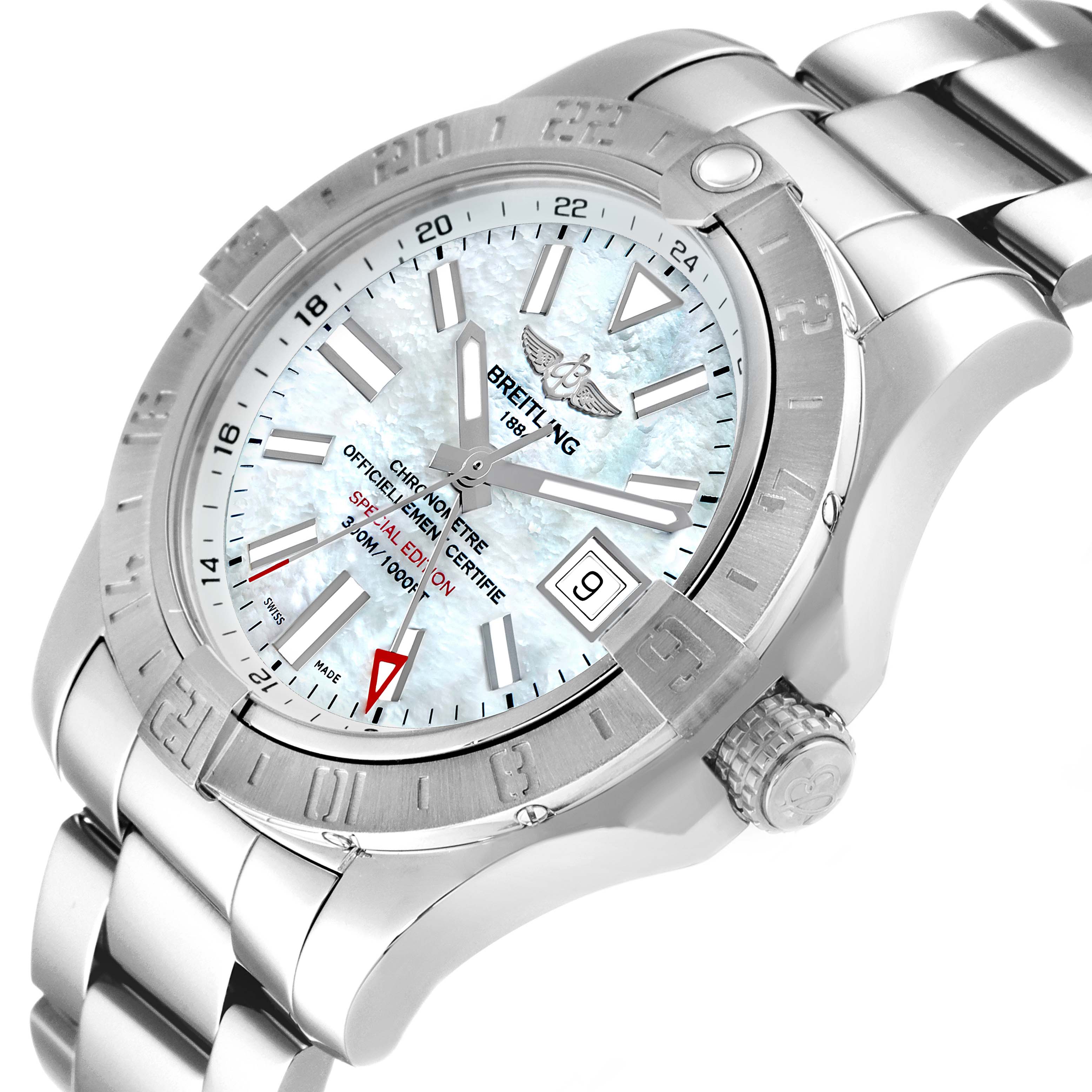 The Breitling Avenger A3239011-C872-170A Men's Stainless Steel Mother of Pearl Dial A3239011-C872-170A Men's Stainless Steel Mother of Pearl Dial watch is shown at an oblique angle, highlighting the face, bezel with markings, and part of the bracelet.
