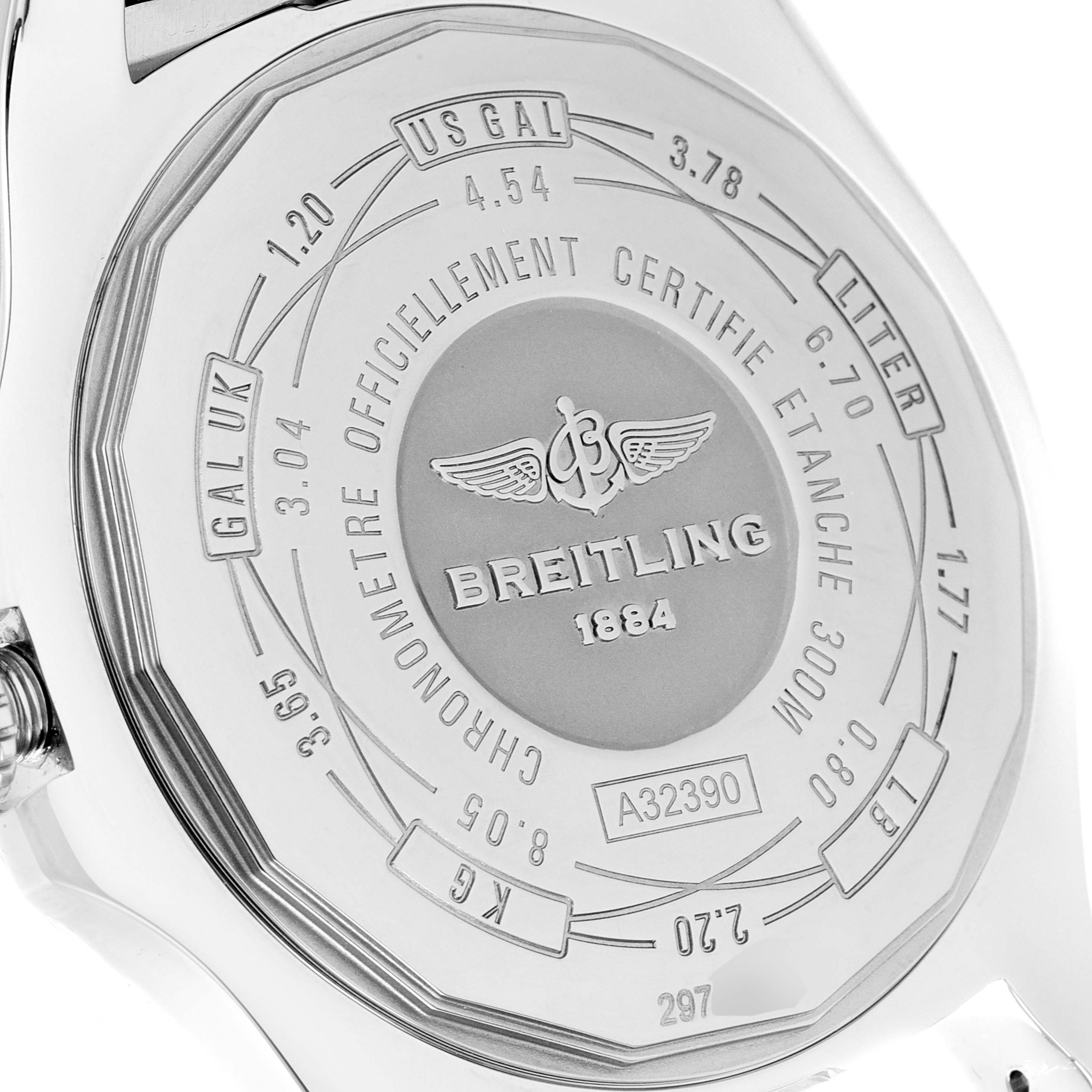 The image shows the back case of a Breitling Avenger A3239011-C872-170A Men's Stainless Steel Mother of Pearl Dial A3239011-C872-170A Men's Stainless Steel Mother of Pearl Dial watch, detailing certification and measurements.