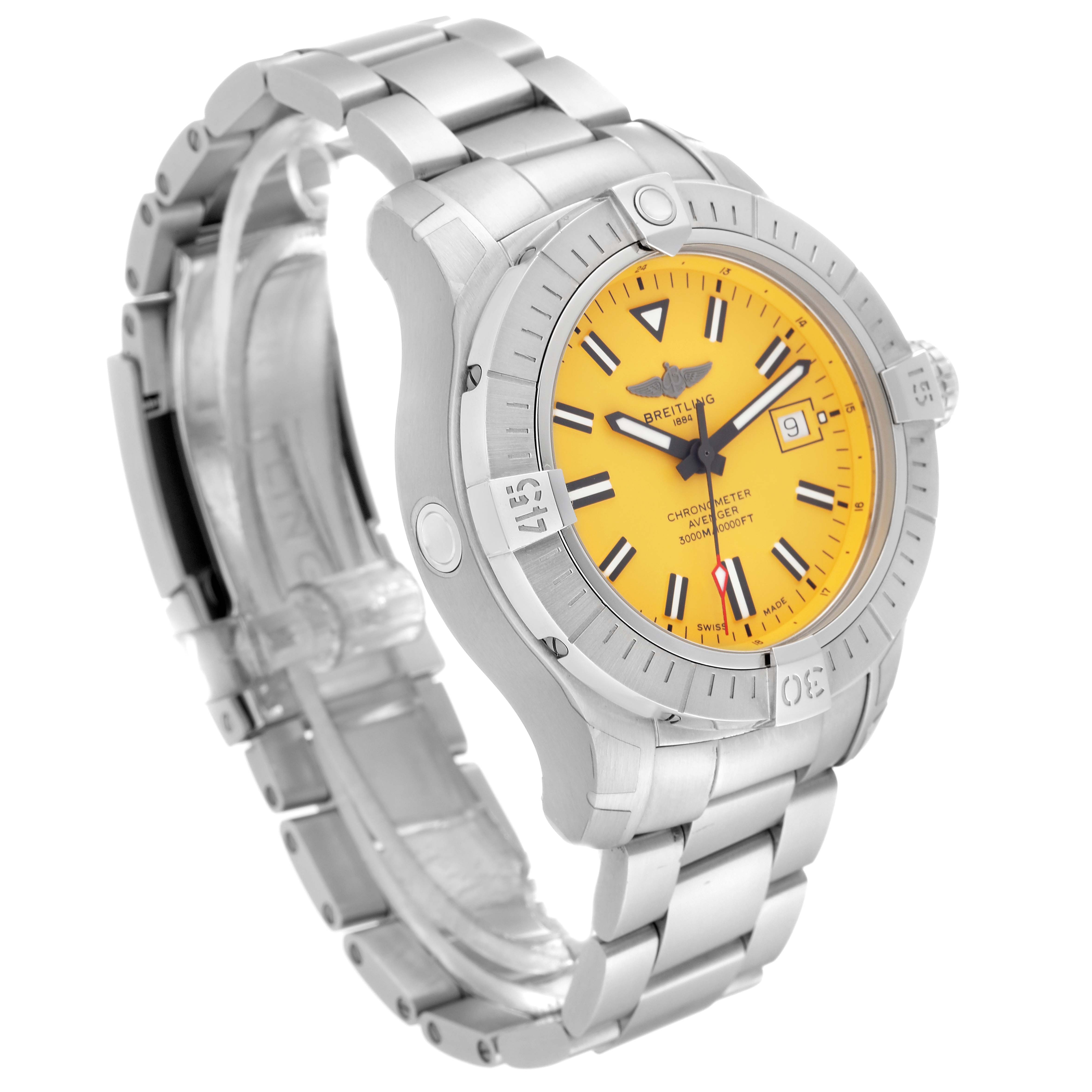 The image shows a side angle of the Breitling Avenger A17319 Men's Stainless Steel Yellow Dial A17319 Men's Stainless Steel Yellow Dial watch, highlighting its stainless steel bracelet, yellow dial, and rotating bezel.