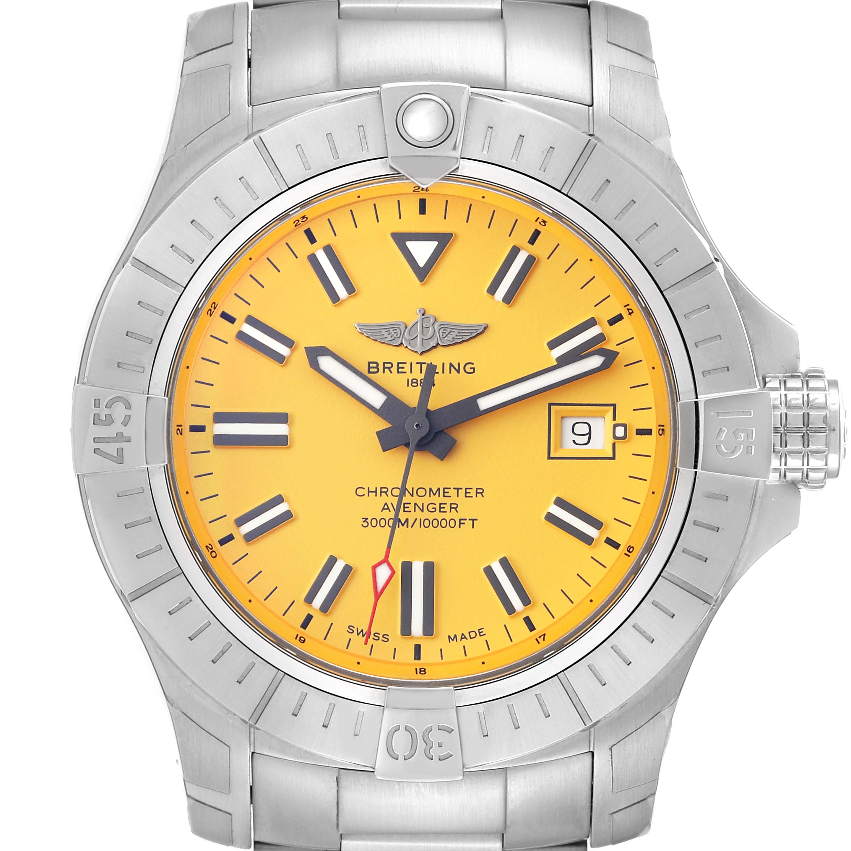 This image shows a front view of a Breitling Avenger A17319 Men's Stainless Steel Yellow Dial A17319 Men's Stainless Steel Yellow Dial watch, highlighting its yellow dial and stainless steel case.
