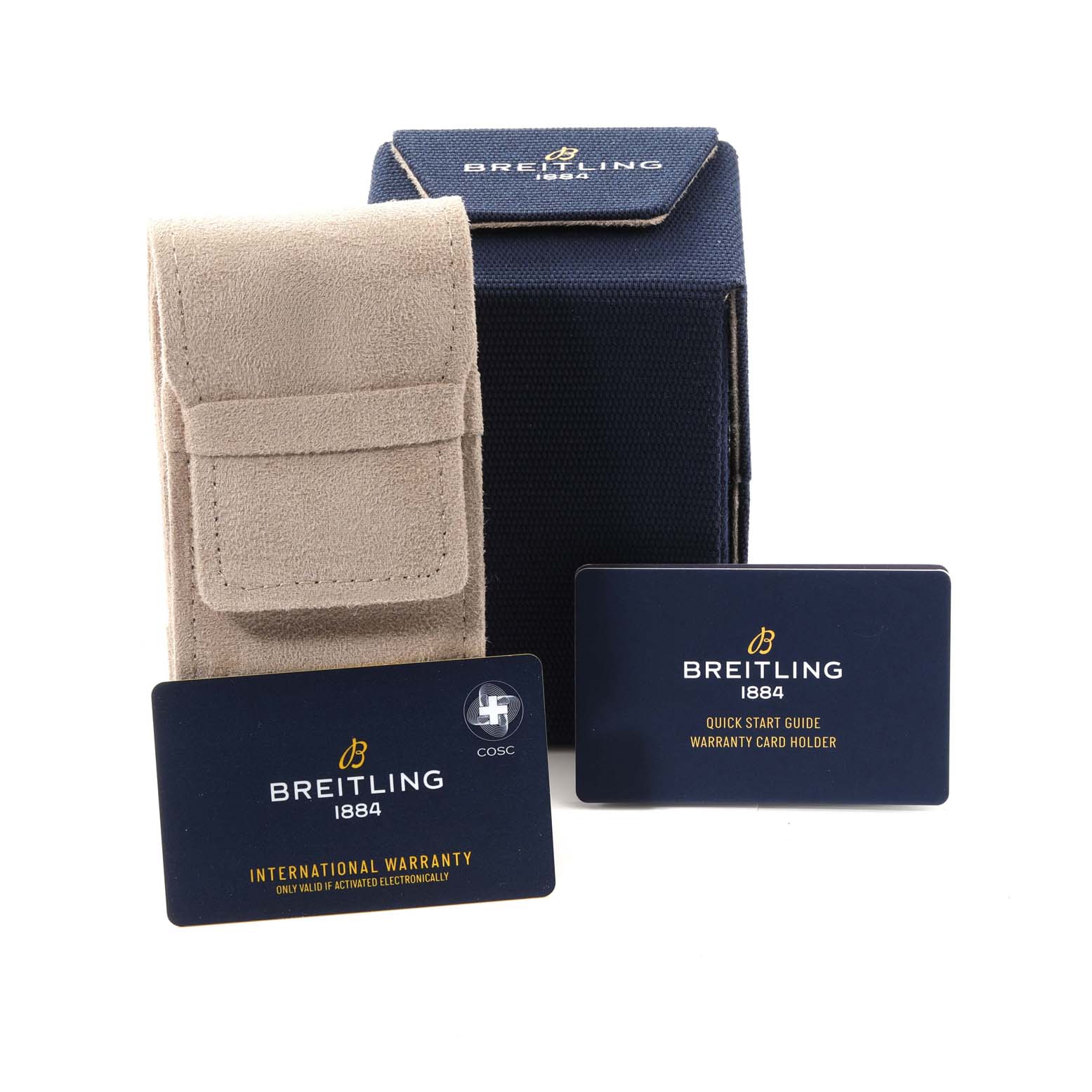 The image shows a Breitling Avenger A17319 Men's Stainless Steel Yellow Dial A17319 Men's Stainless Steel Yellow Dial watch's packaging, including a suede pouch, a box, and warranty cards.