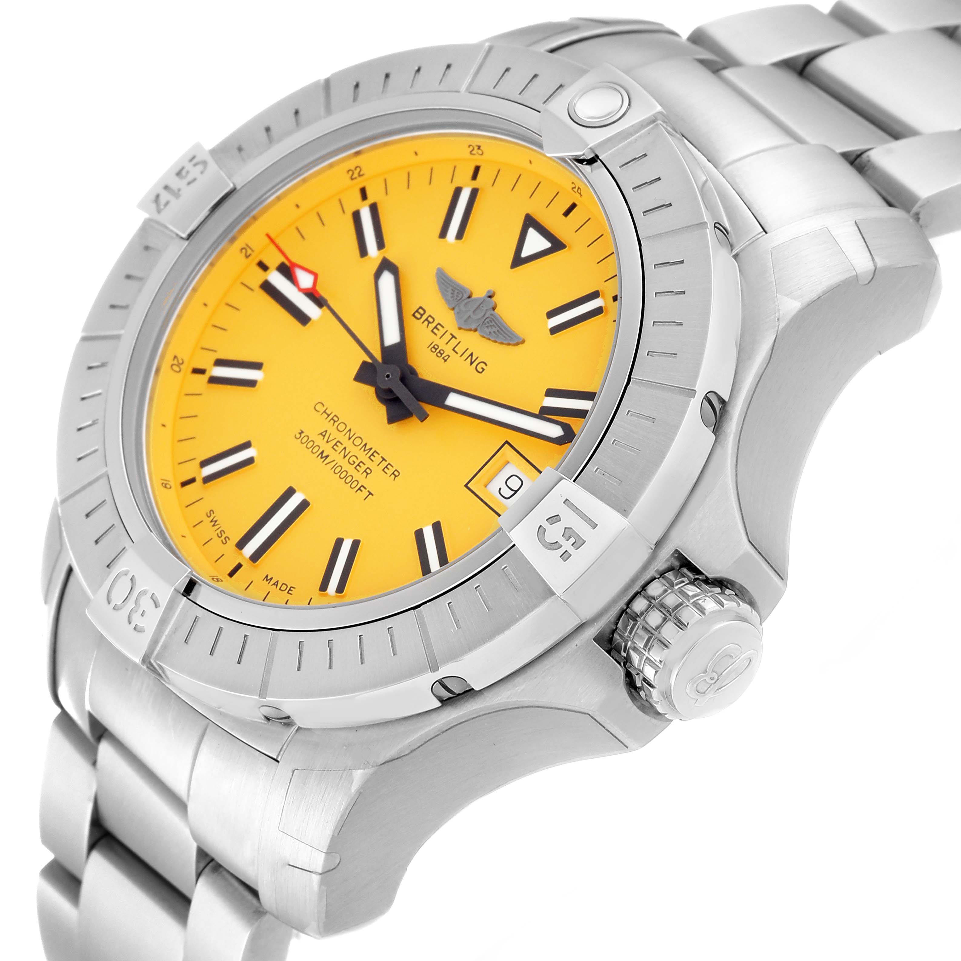 This image shows a close-up angle of the Breitling Avenger A17319 Men's Stainless Steel Yellow Dial A17319 Men's Stainless Steel Yellow Dial watch displaying its yellow dial, bezel, crown, and part of the bracelet.