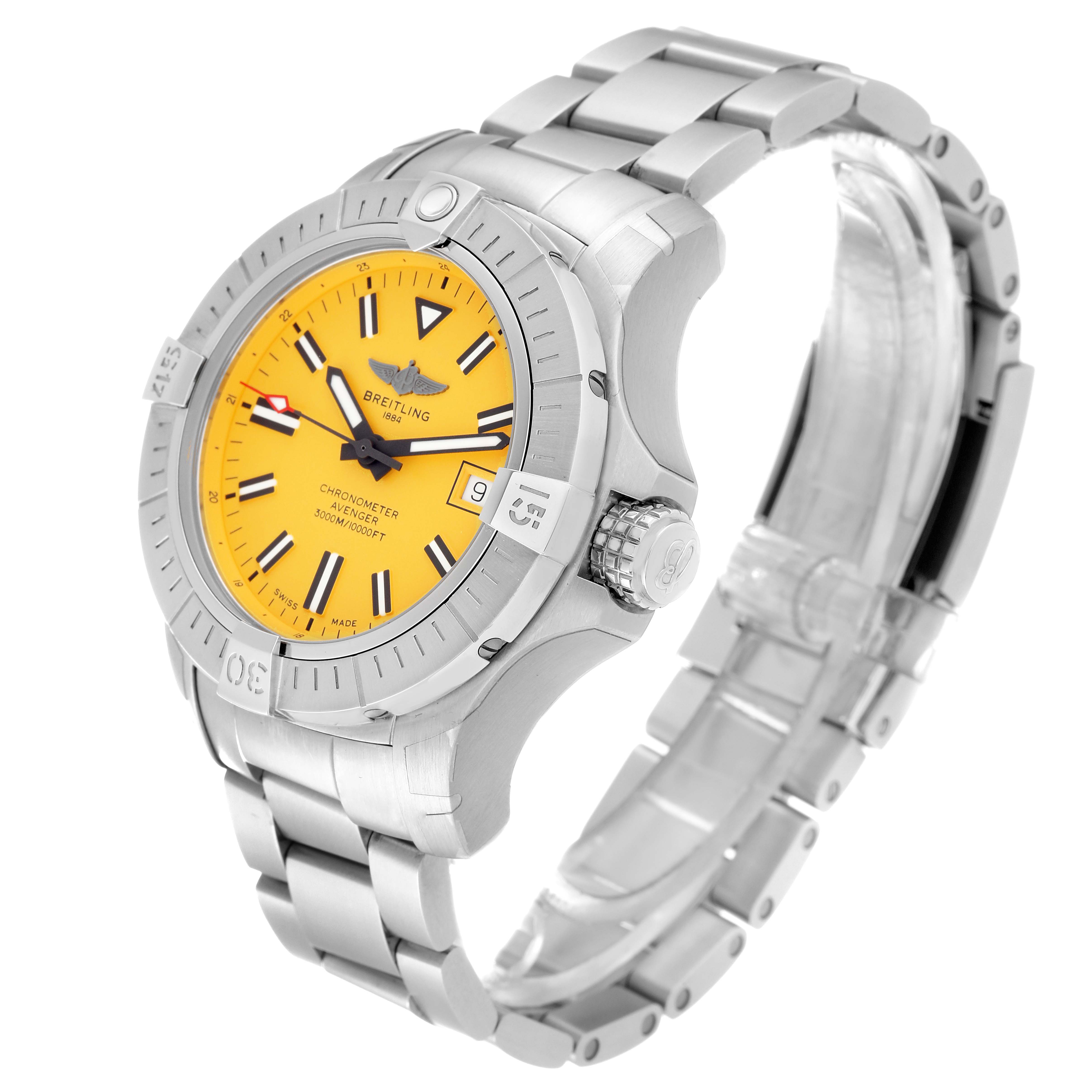 The Breitling Avenger A17319 Men's Stainless Steel Yellow Dial A17319 Men's Stainless Steel Yellow Dial watch is shown at an angle displaying its face, bezel, crown, and metal bracelet.