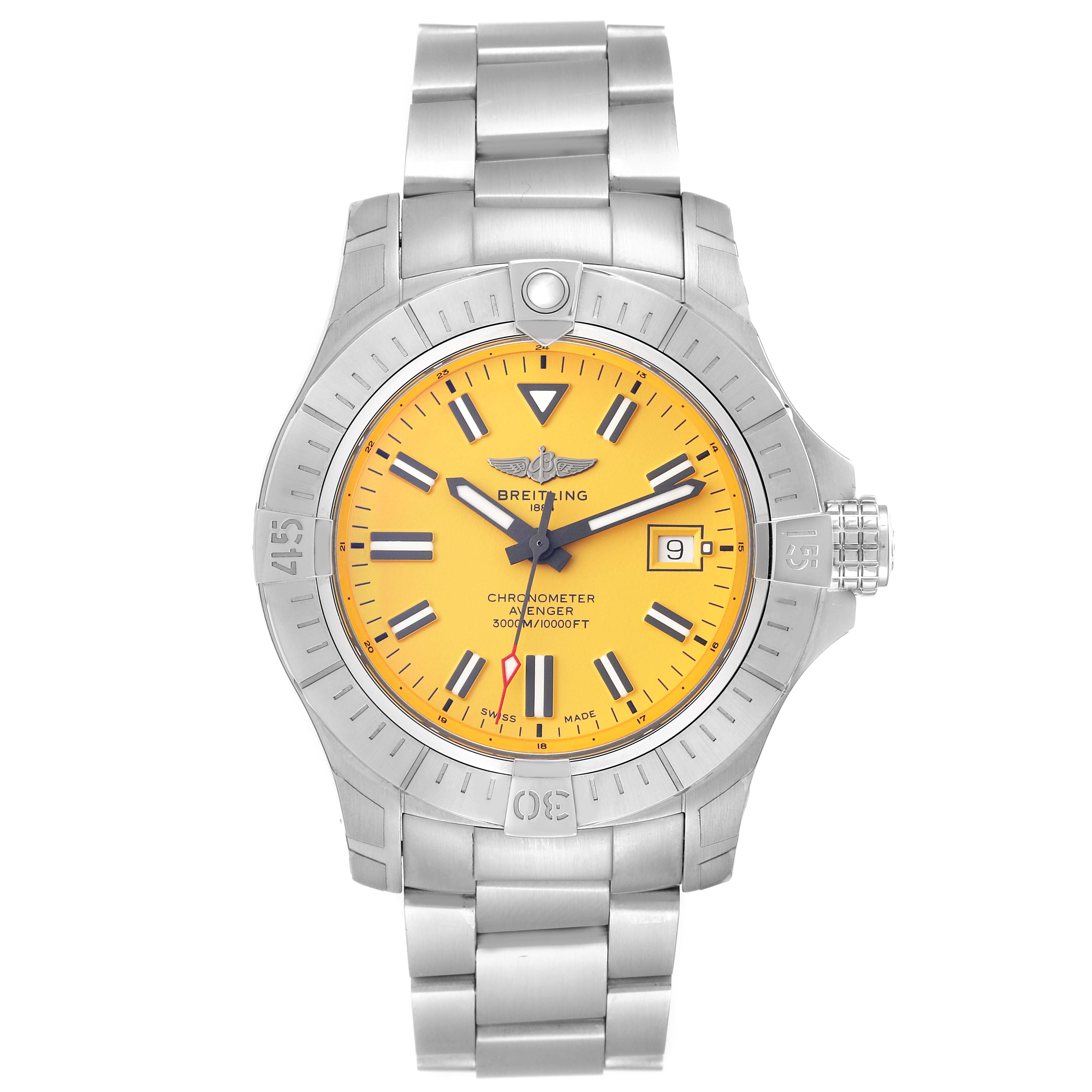 This image shows a Breitling Avenger A17319 Men's Stainless Steel Yellow Dial A17319 Men's Stainless Steel Yellow Dial watch face-on, displaying its yellow dial, metal bracelet, and crown.