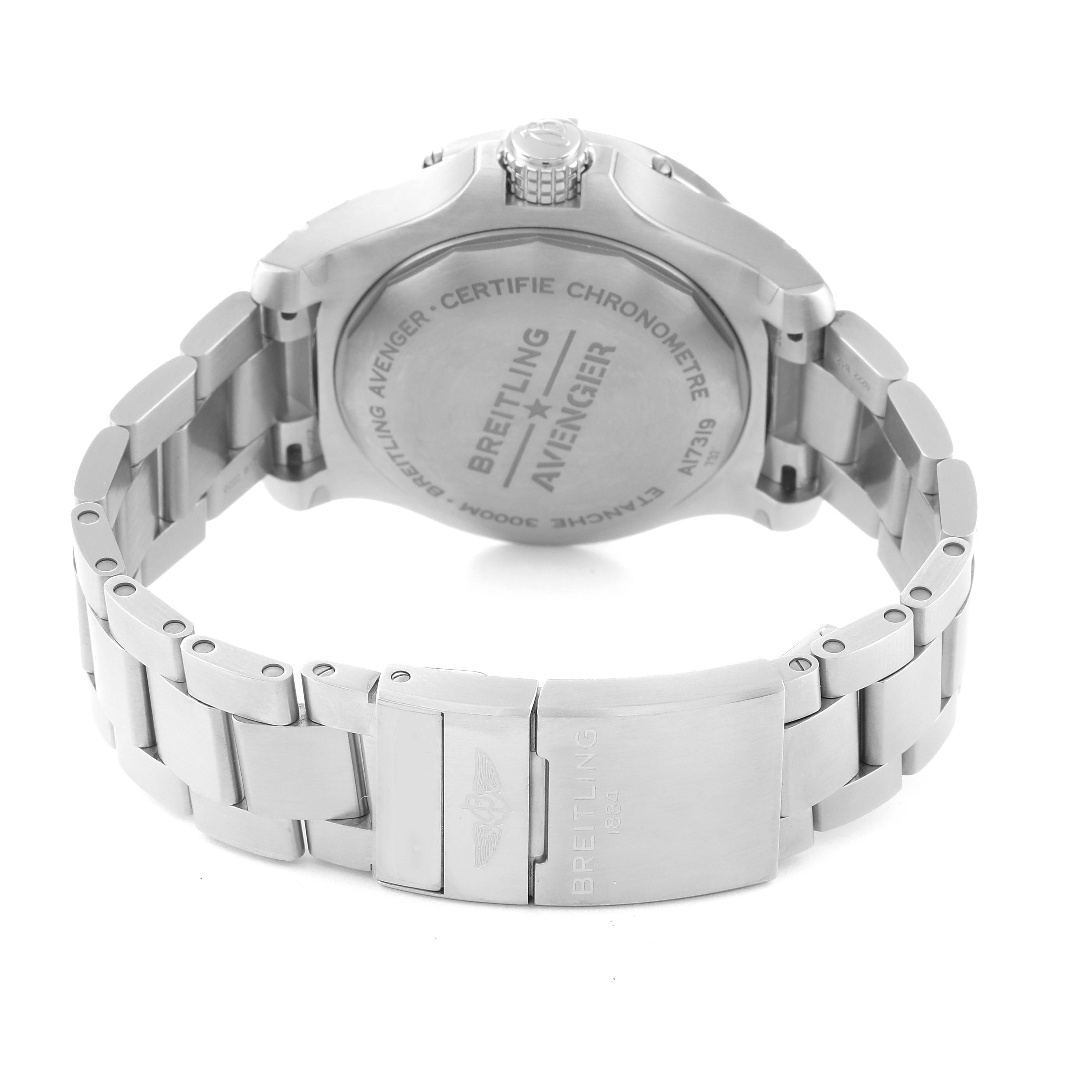 The image shows the rear view of the Breitling Avenger A17319 Men's Stainless Steel Yellow Dial A17319 Men's Stainless Steel Yellow Dial watch, highlighting the case back, crown, and metal bracelet.