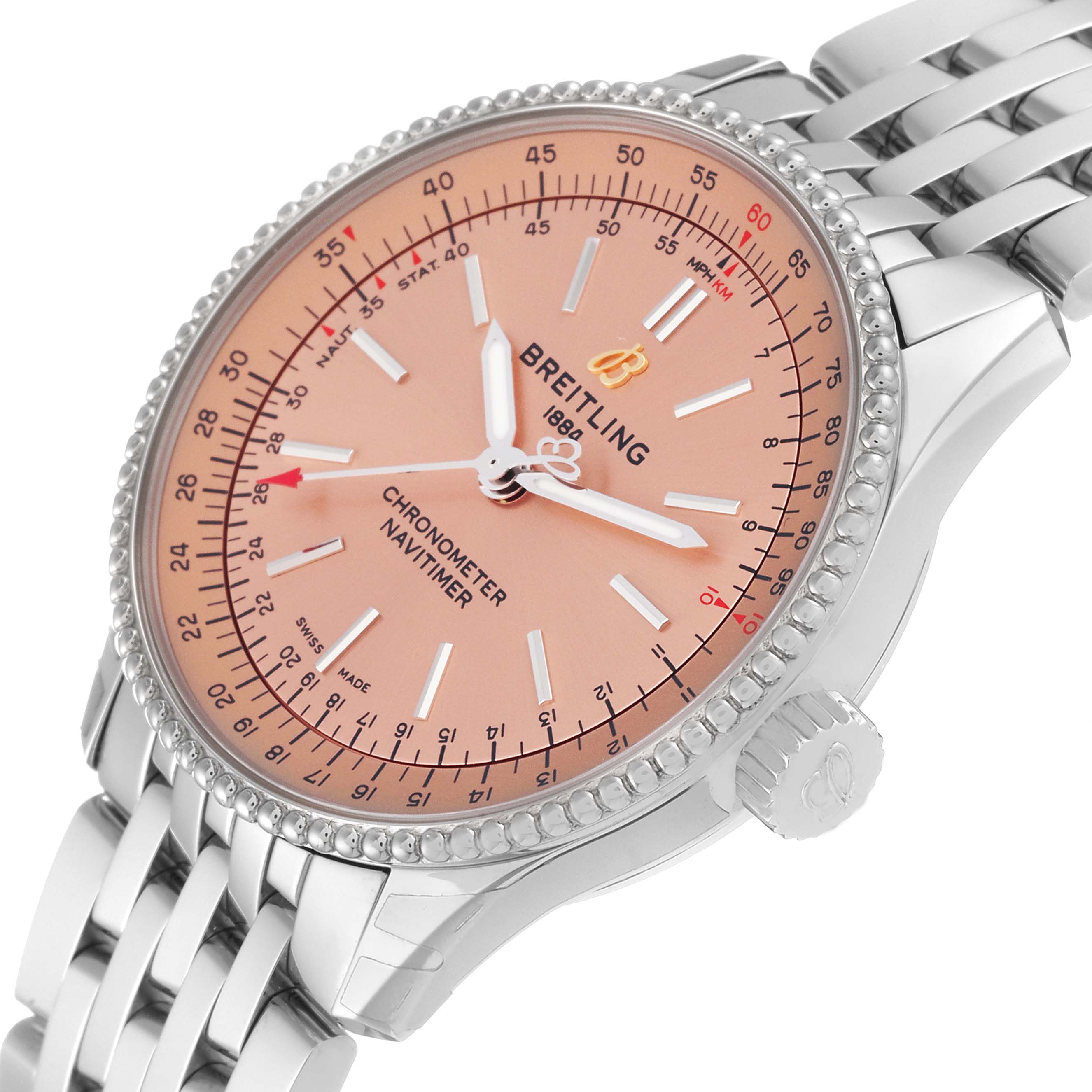 The image shows a close-up, angled side view of the Breitling A17395 Women's Stainless Steel Pink Dial A17395 Women's Stainless Steel Pink Dial Navitimer Automatic 35 Salmon Dial Steel Ladies Watch A17395, highlighting the dial and crown.