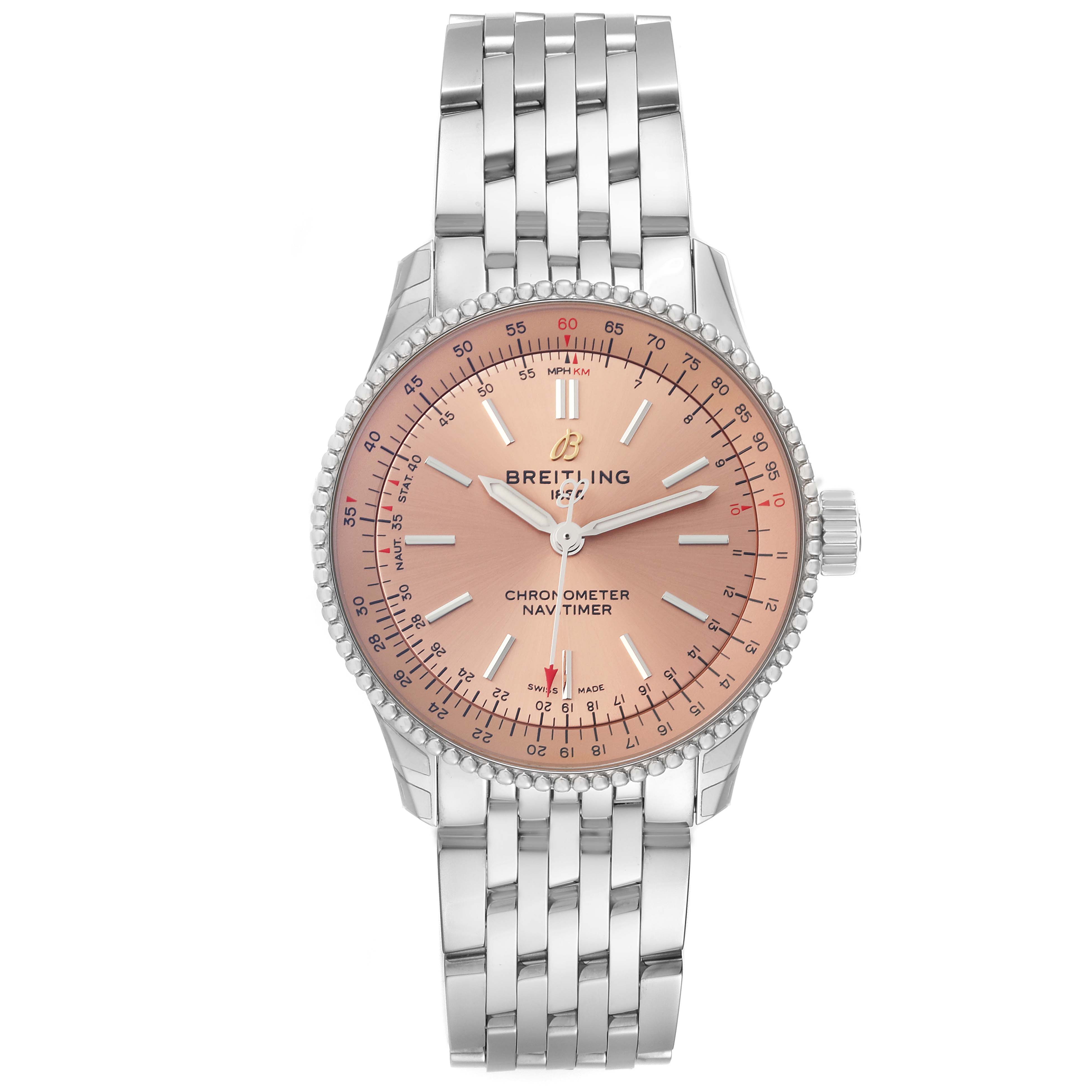 The image shows a front view of the Breitling A17395 Women's Stainless Steel Pink Dial A17395 Women's Stainless Steel Pink Dial Navitimer Automatic 35 Salmon Dial Steel Ladies Watch A17395 model.