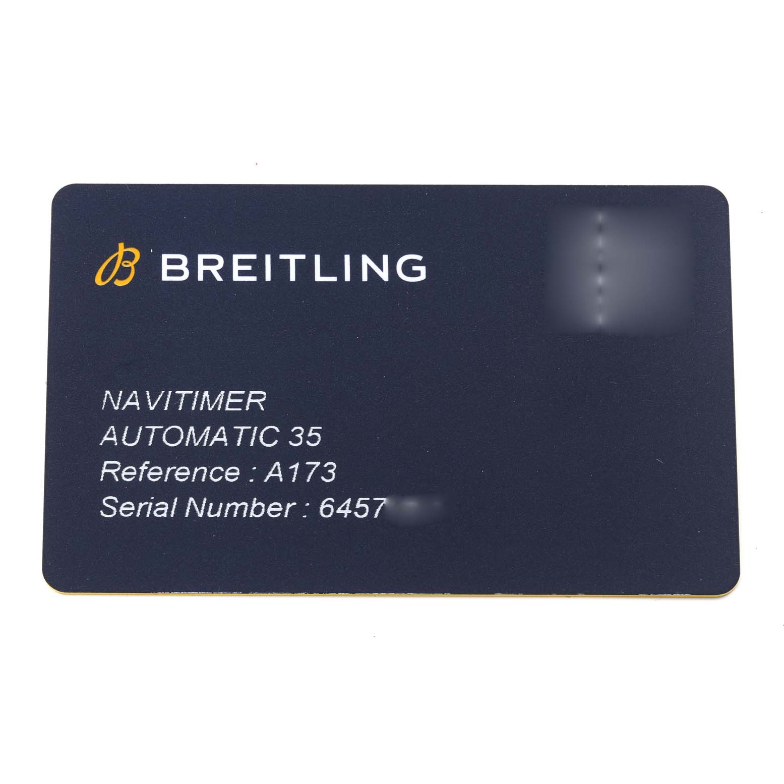 This image shows the authenticity card for the Breitling A17395 Women's Stainless Steel Pink Dial A17395 Women's Stainless Steel Pink Dial Navitimer Automatic 35 Salmon Dial Steel Ladies Watch, model A17395.