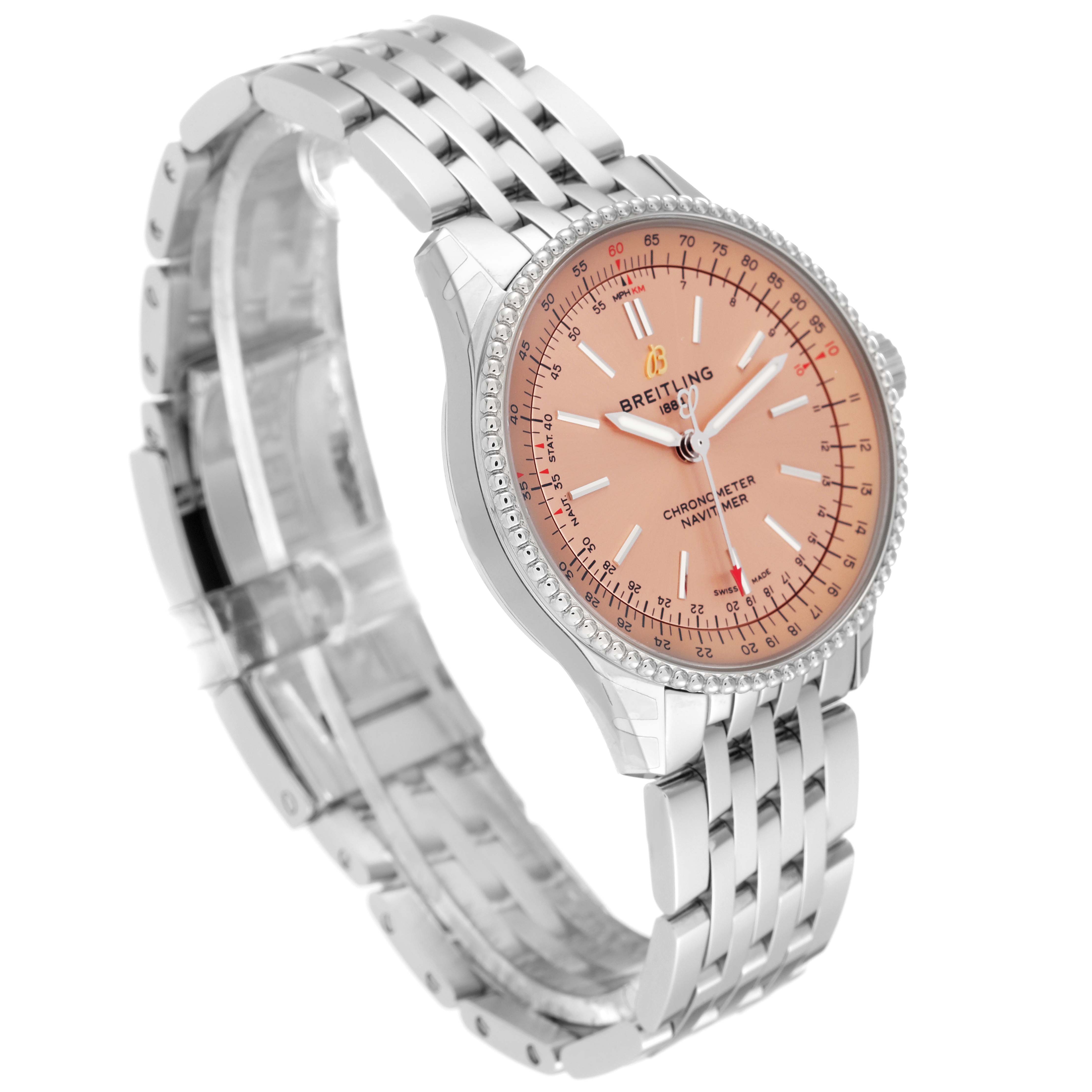 The image shows the Breitling A17395 Women's Stainless Steel Pink Dial A17395 Women's Stainless Steel Pink Dial Navitimer Automatic 35 Salmon Dial Steel Ladies Watch A17395 from an angled, front-left perspective.