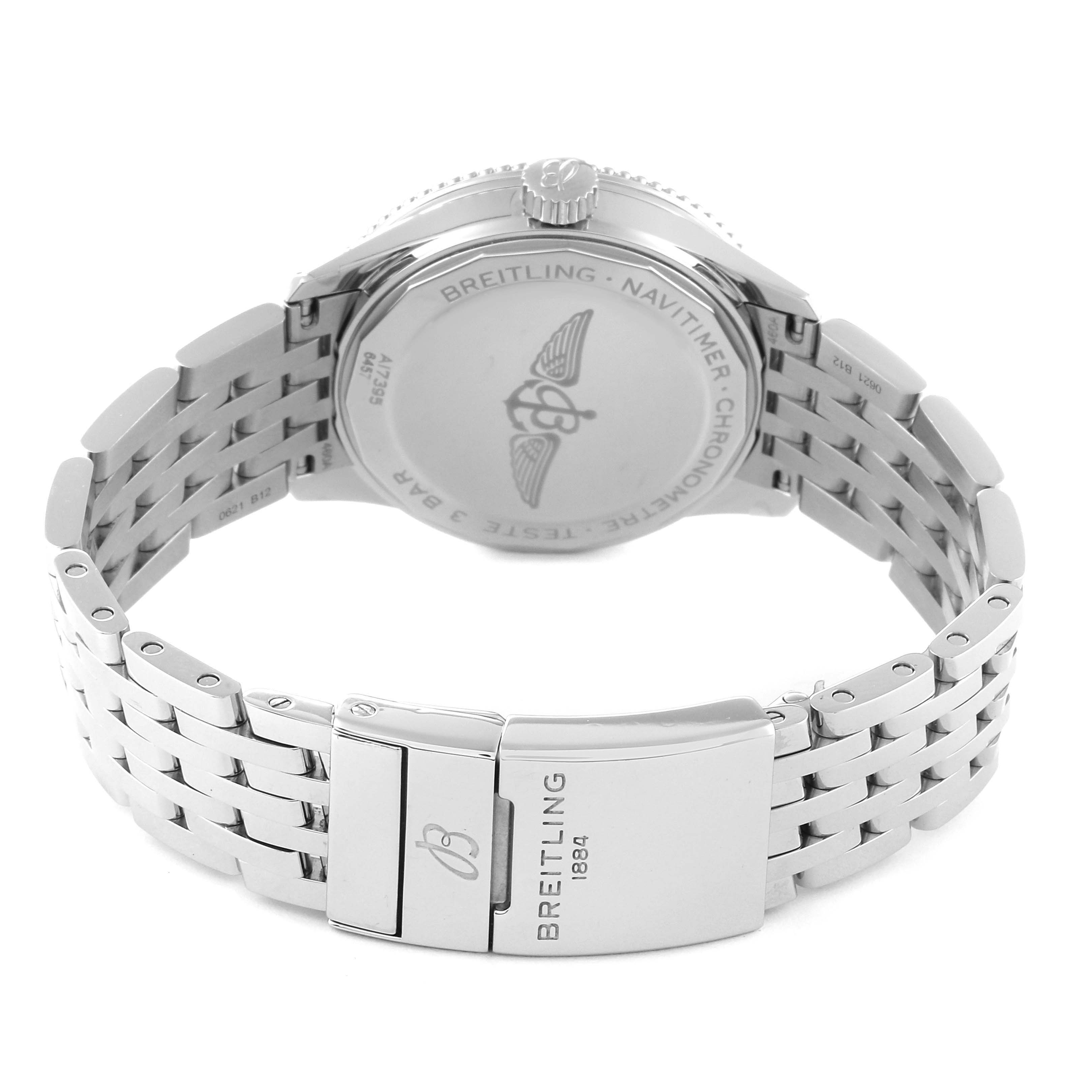 This image shows the back case and bracelet of the Breitling A17395 Women's Stainless Steel Pink Dial A17395 Women's Stainless Steel Pink Dial Navitimer Automatic 35 Salmon Dial Steel Ladies Watch model A17395.