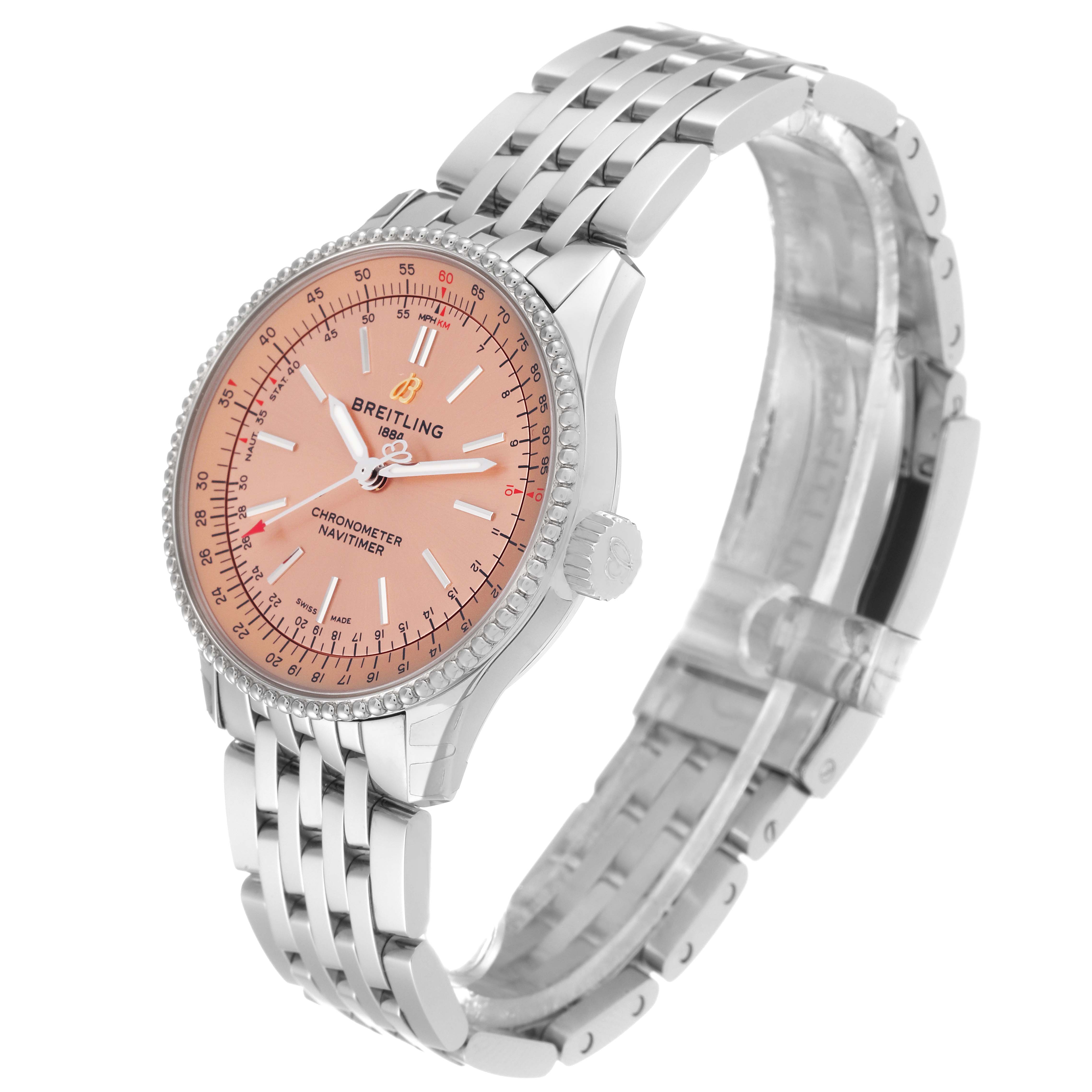 The Breitling A17395 Women's Stainless Steel Pink Dial A17395 Women's Stainless Steel Pink Dial Navitimer Automatic 35 Salmon Dial Steel Ladies Watch model A17395 is shown from an angled front view, displaying its face and bracelet.