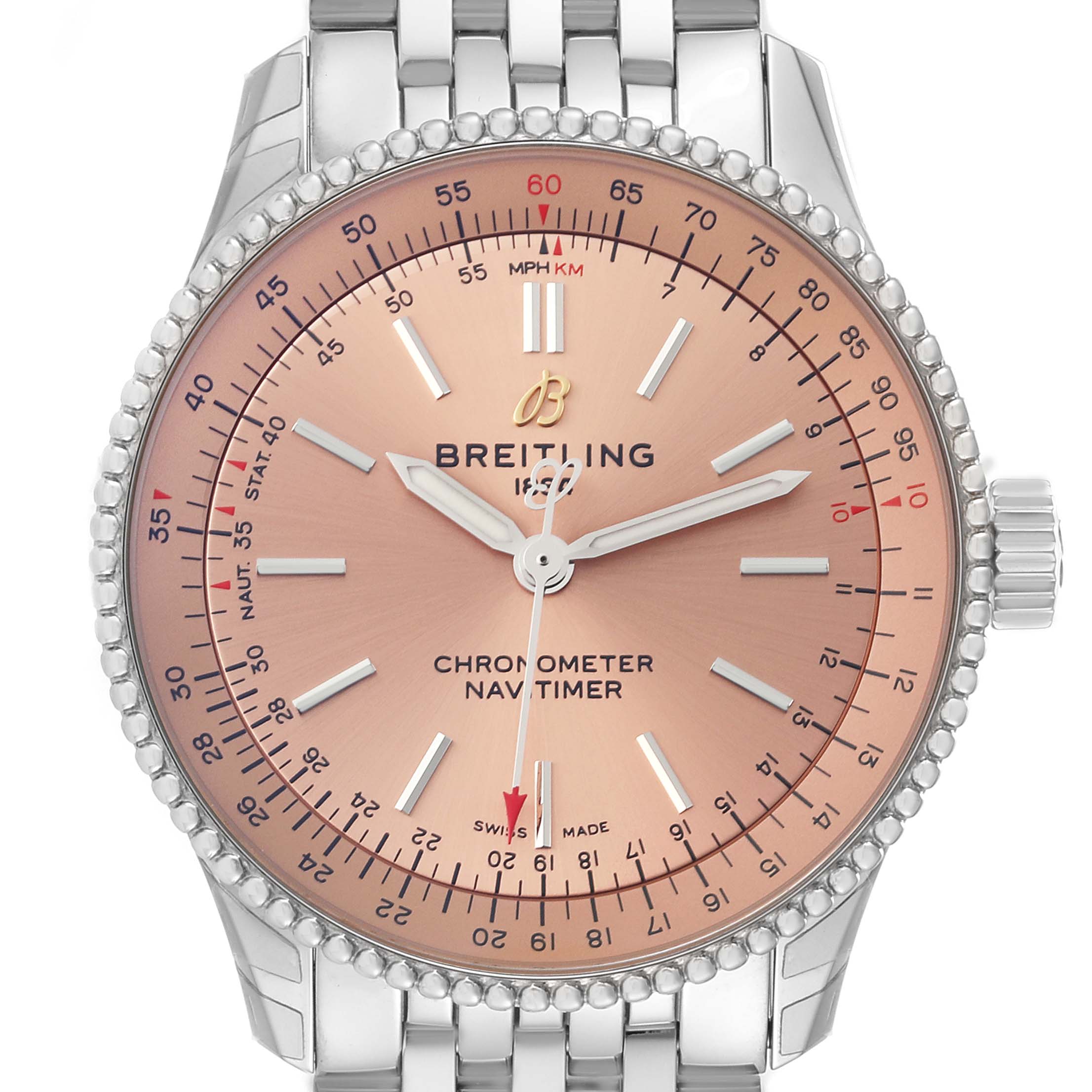 This image shows a front view of the Breitling A17395 Women's Stainless Steel Pink Dial A17395 Women's Stainless Steel Pink Dial Navitimer Automatic 35 Salmon Dial Steel Ladies Watch (model A17395).