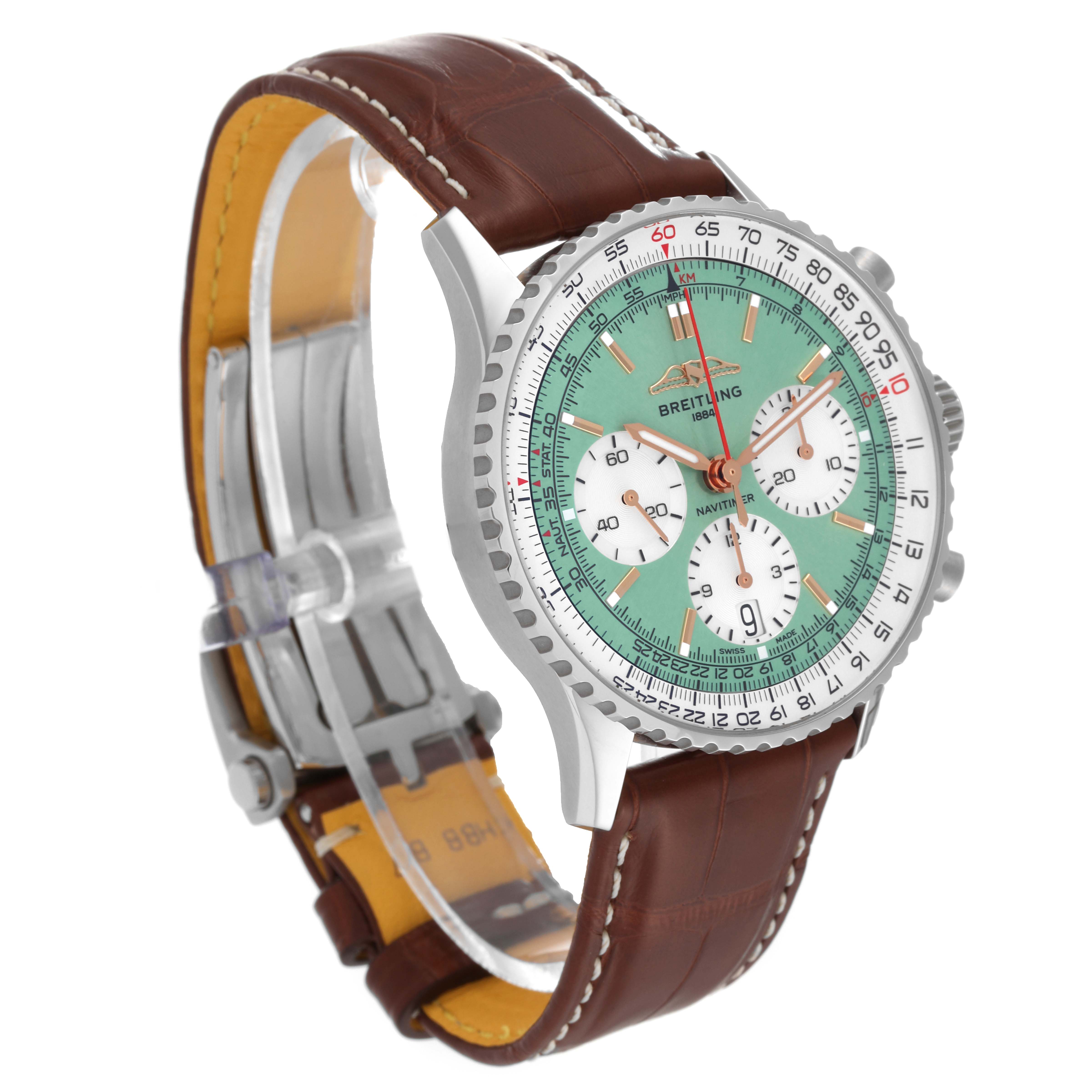 The image shows a Breitling Navitimer AB0139211L1P1 Men's Stainless Steel Green Dial AB0139211L1P1 Men's Stainless Steel Green Dial watch at a three-quarter angle, featuring a green dial, chronograph subdials, and a brown leather strap.