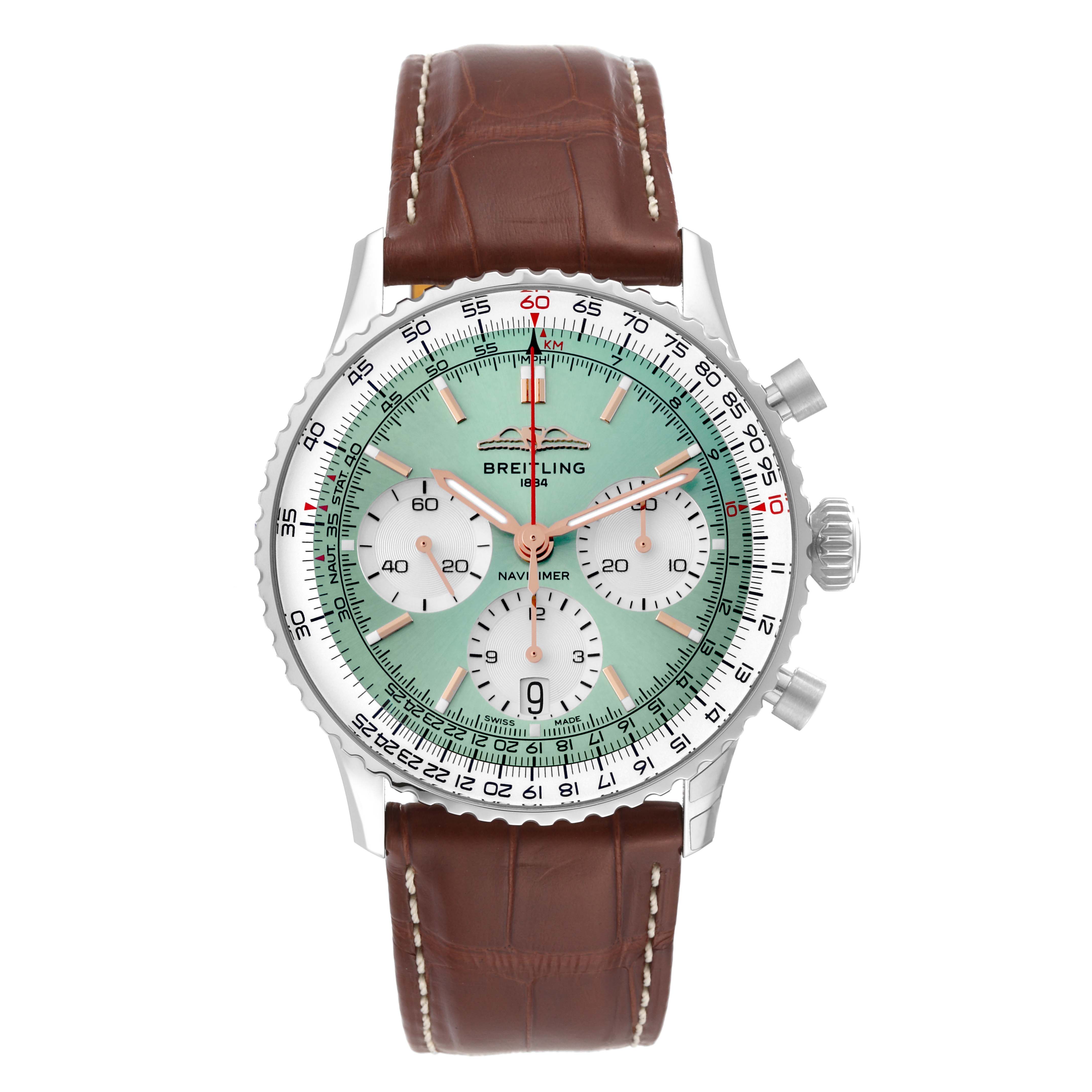 The Breitling Navitimer AB0139211L1P1 Men's Stainless Steel Green Dial AB0139211L1P1 Men's Stainless Steel Green Dial watch is shown from a front angle, displaying its dial, bezel, and leather strap.