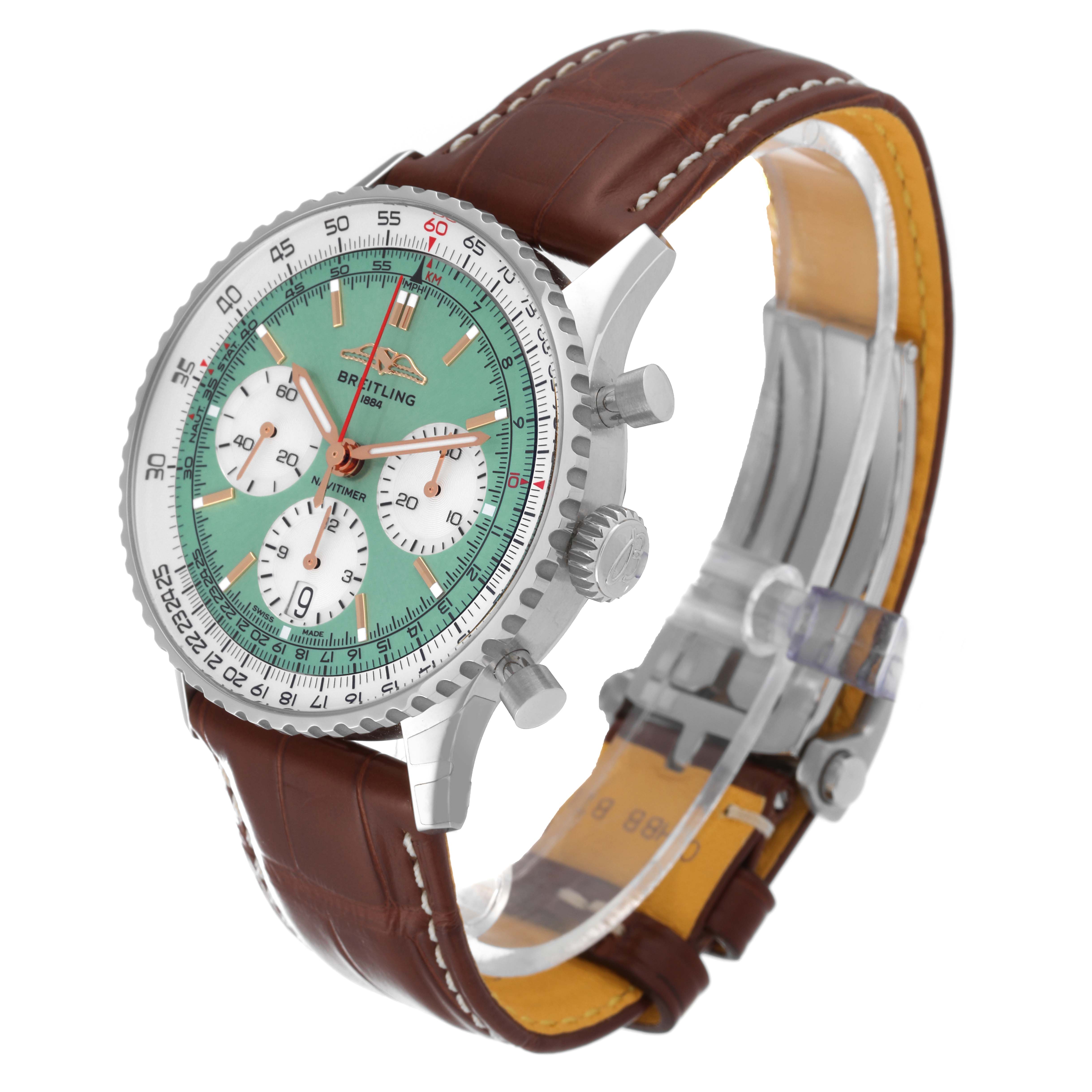 The Breitling Navitimer AB0139211L1P1 Men's Stainless Steel Green Dial AB0139211L1P1 Men's Stainless Steel Green Dial watch is shown at a slight angle, displaying its face, bezel, crown, chronograph pushers, and leather strap.
