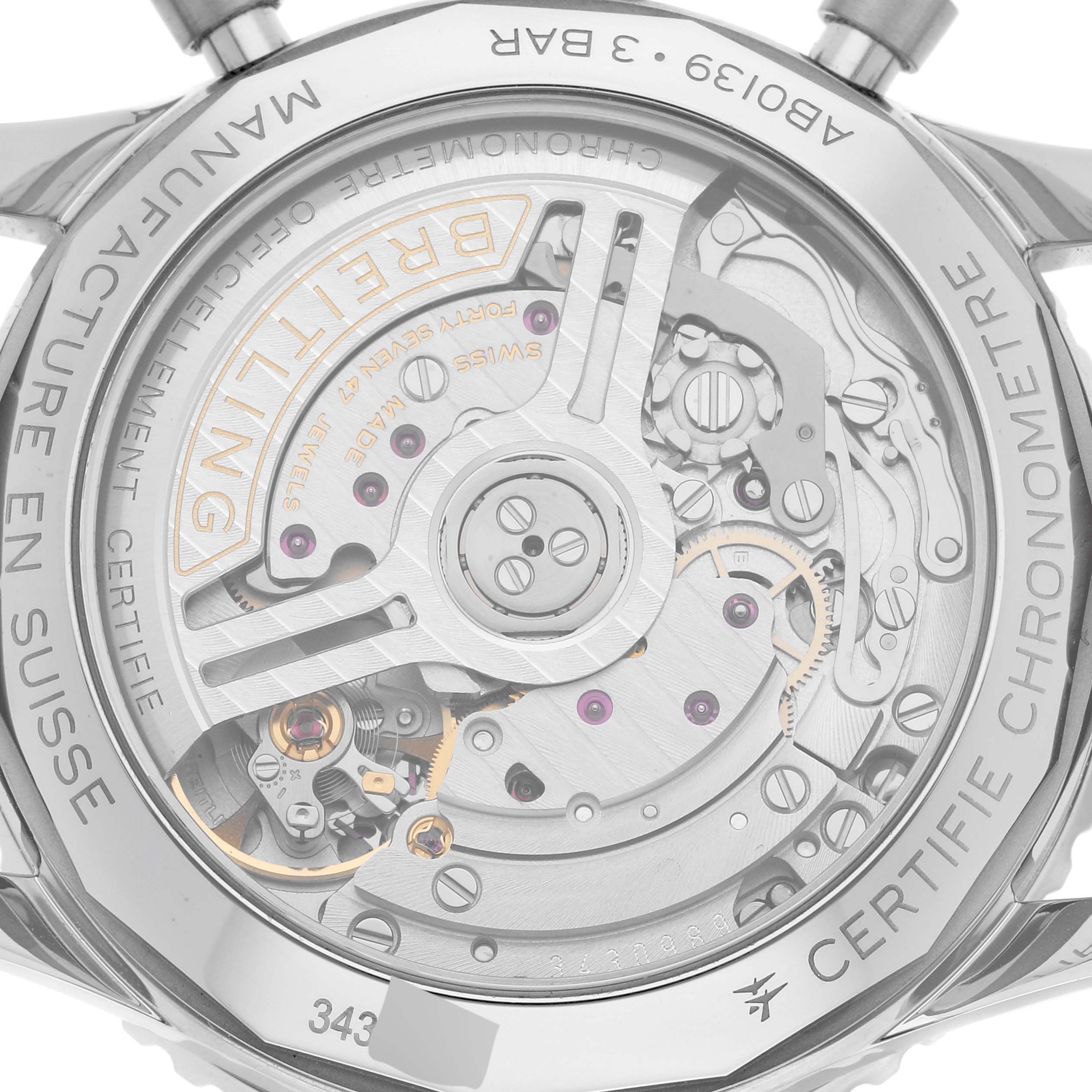 This image shows the back view of a Breitling Navitimer AB0139211L1P1 Men's Stainless Steel Green Dial AB0139211L1P1 Men's Stainless Steel Green Dial, highlighting its intricate movement and internal components.