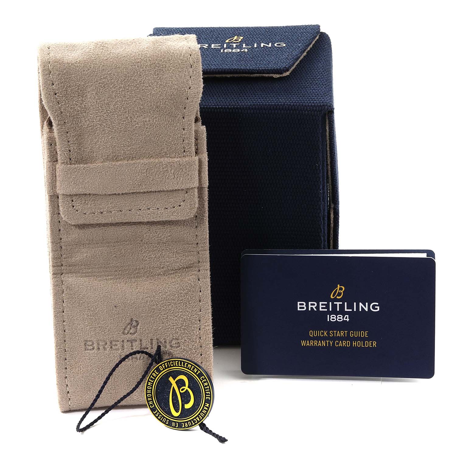 The image shows a Breitling Navitimer AB0139211L1P1 Men's Stainless Steel Green Dial AB0139211L1P1 Men's Stainless Steel Green Dial watch pouch, navy box, quick start guide, and a warranty card holder.