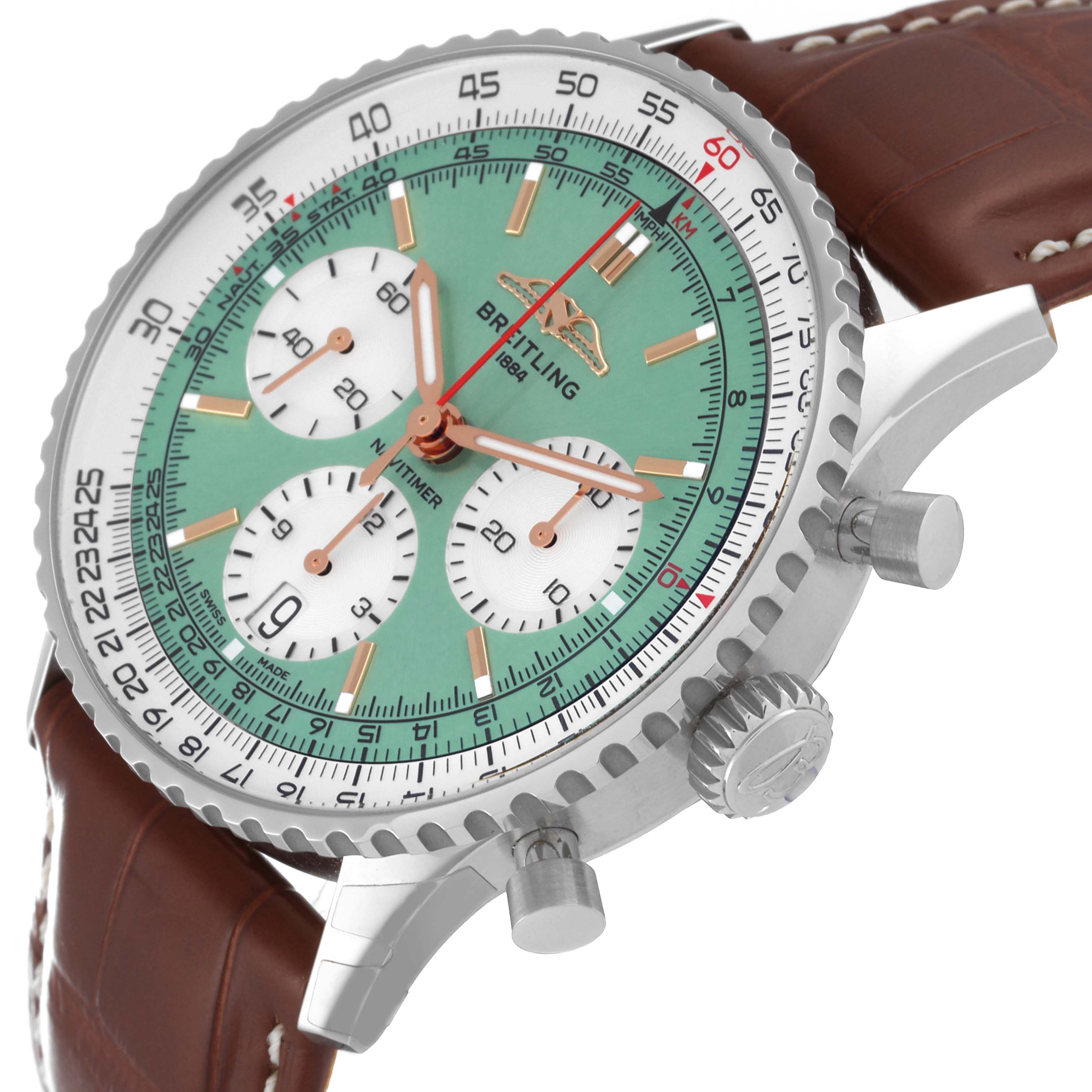 The image shows a close-up, angled view of a Breitling Navitimer AB0139211L1P1 Men's Stainless Steel Green Dial AB0139211L1P1 Men's Stainless Steel Green Dial watch, highlighting the dial, subdials, bezel, and leather strap.