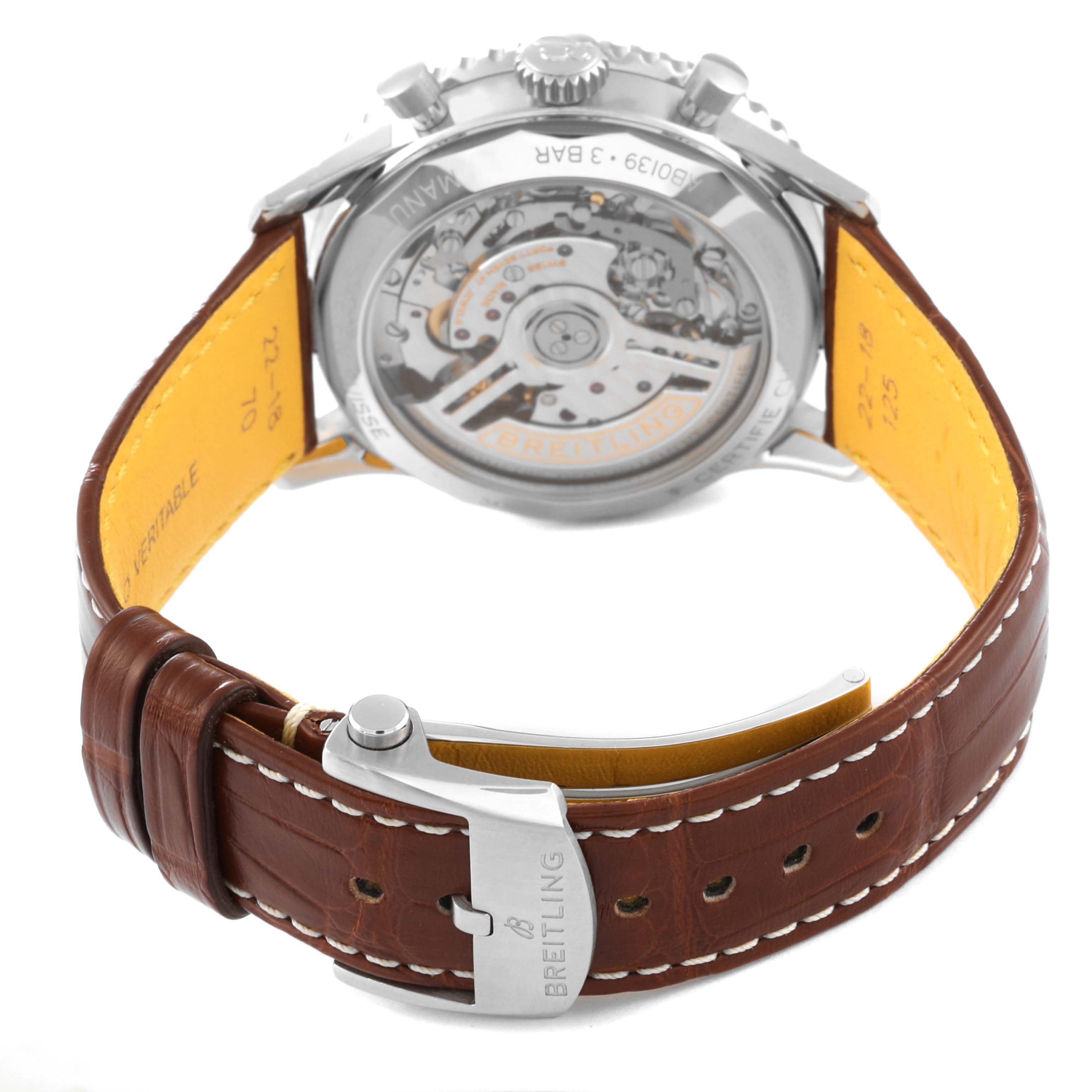 The image shows the back view of a Breitling Navitimer AB0139211L1P1 Men's Stainless Steel Green Dial AB0139211L1P1 Men's Stainless Steel Green Dial watch, focusing on the exhibition case back and brown leather strap.