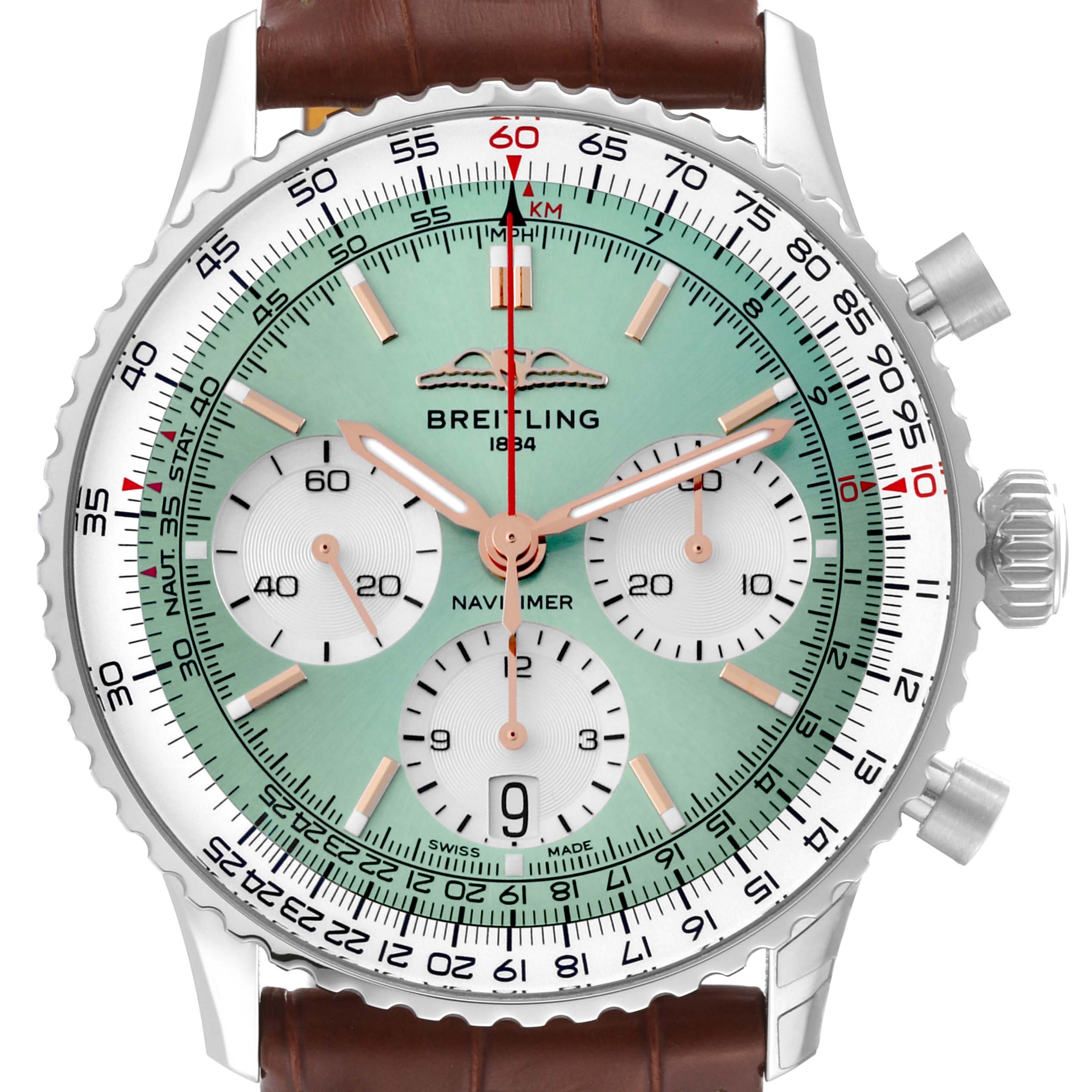 The image shows a front view of a Breitling Navitimer AB0139211L1P1 Men's Stainless Steel Green Dial AB0139211L1P1 Men's Stainless Steel Green Dial watch, featuring its dial, bezel, and chronograph subdials with a brown leather strap.