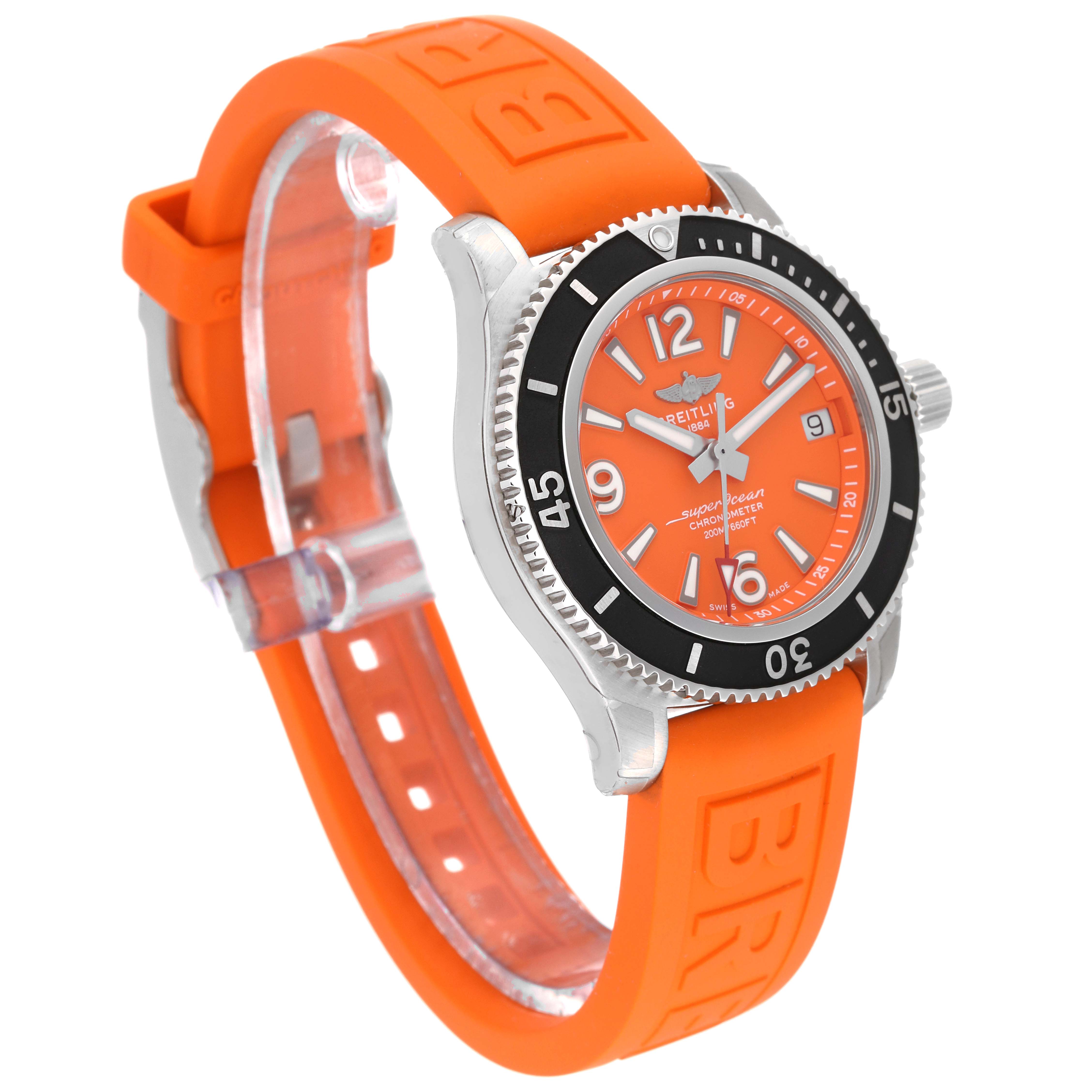 The image shows a Breitling A17316 Women's Stainless Steel Orange Dial A17316 Women's Stainless Steel Orange Dial Superocean 36mm Orange Dial Steel Ladies Watch A17316 Unworn model at a slight angle, displaying the watch face, bezel, and strap.