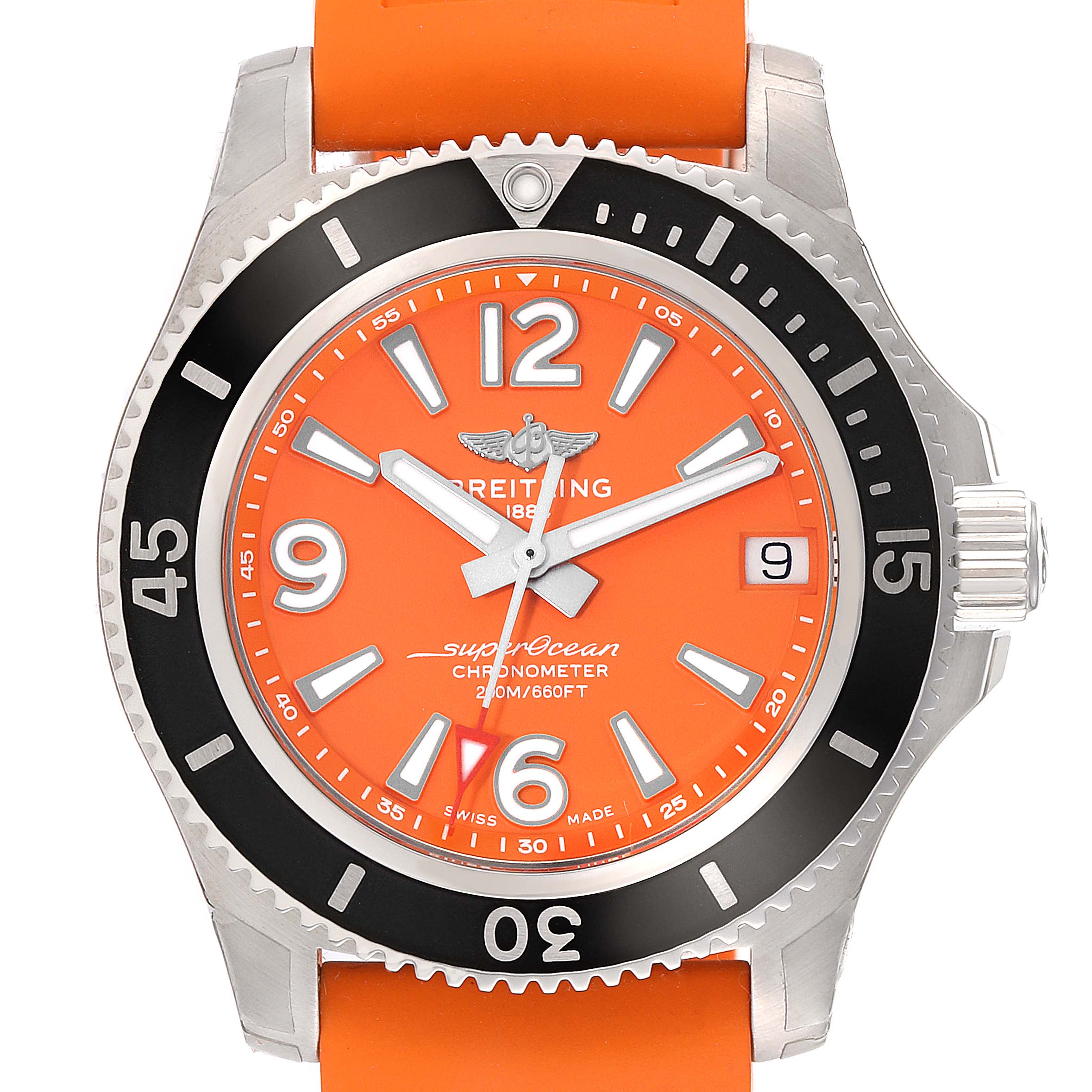 The image shows a front view of the Breitling A17316 Women's Stainless Steel Orange Dial A17316 Women's Stainless Steel Orange Dial Superocean 36mm Orange Dial Steel Ladies Watch A17316 Unworn model, displaying the dial and bezel.
