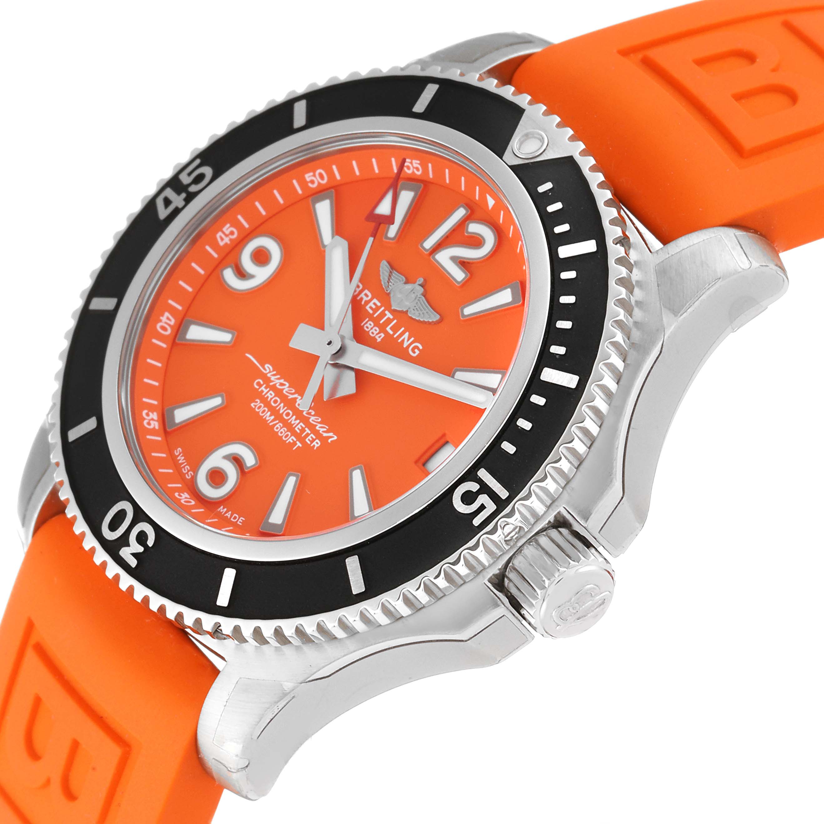The image shows a close-up side angle of the Breitling A17316 Women's Stainless Steel Orange Dial A17316 Women's Stainless Steel Orange Dial Superocean 36mm Orange Dial Steel Ladies Watch A17316, highlighting the dial, bezel, and strap.
