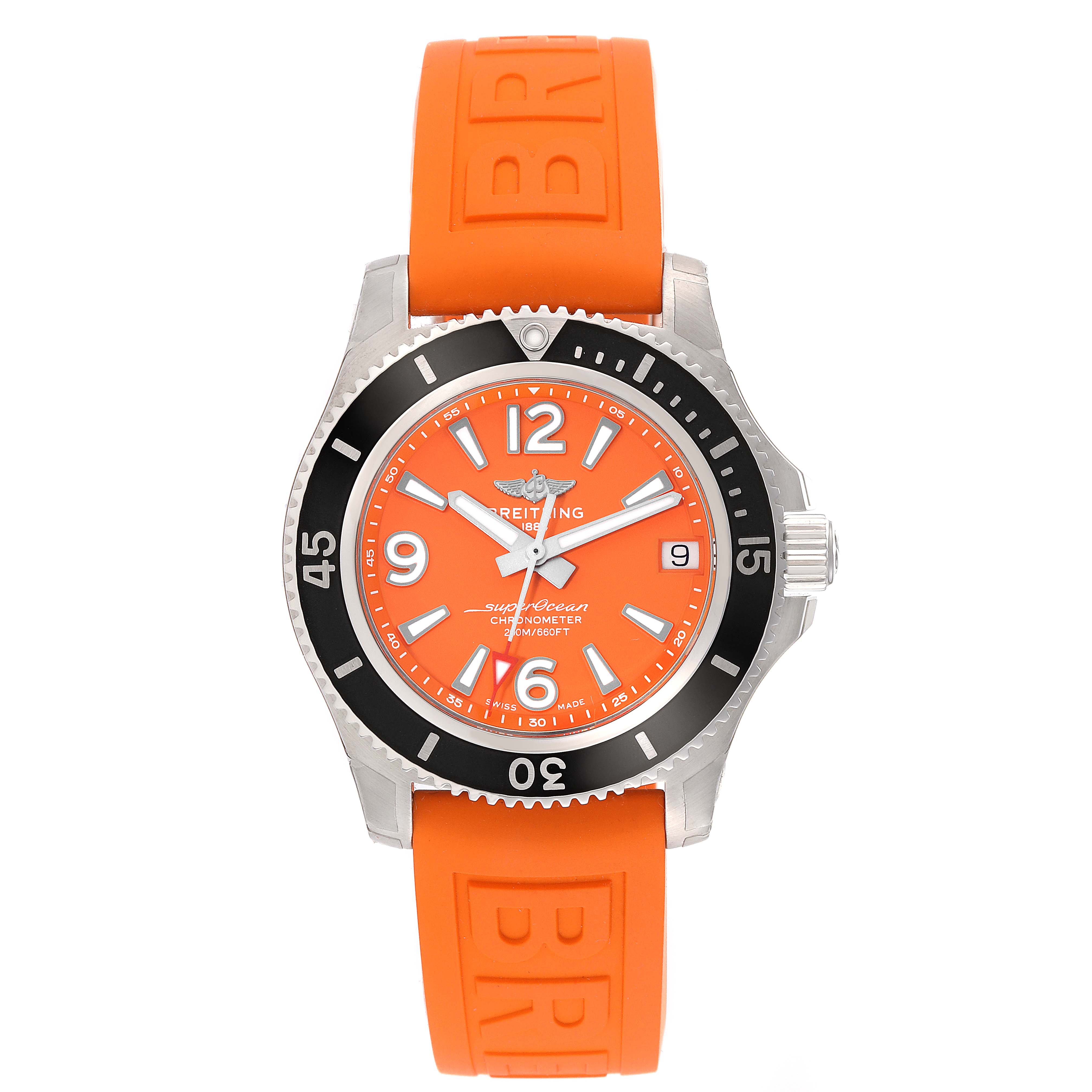 The image shows a front view of the Breitling A17316 Women's Stainless Steel Orange Dial A17316 Women's Stainless Steel Orange Dial Superocean 36mm Orange Dial Steel Ladies Watch A17316, showcasing its orange strap and dial.
