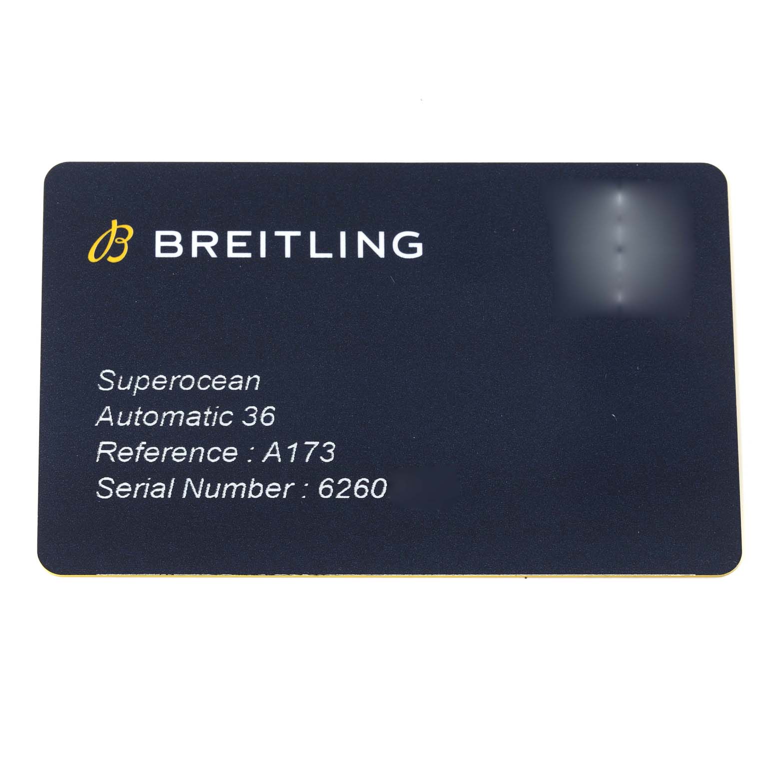 This image shows the authentication card for the Breitling A17316 Women's Stainless Steel Orange Dial A17316 Women's Stainless Steel Orange Dial Superocean 36mm Orange Dial Steel Ladies Watch A17316 Unworn model.