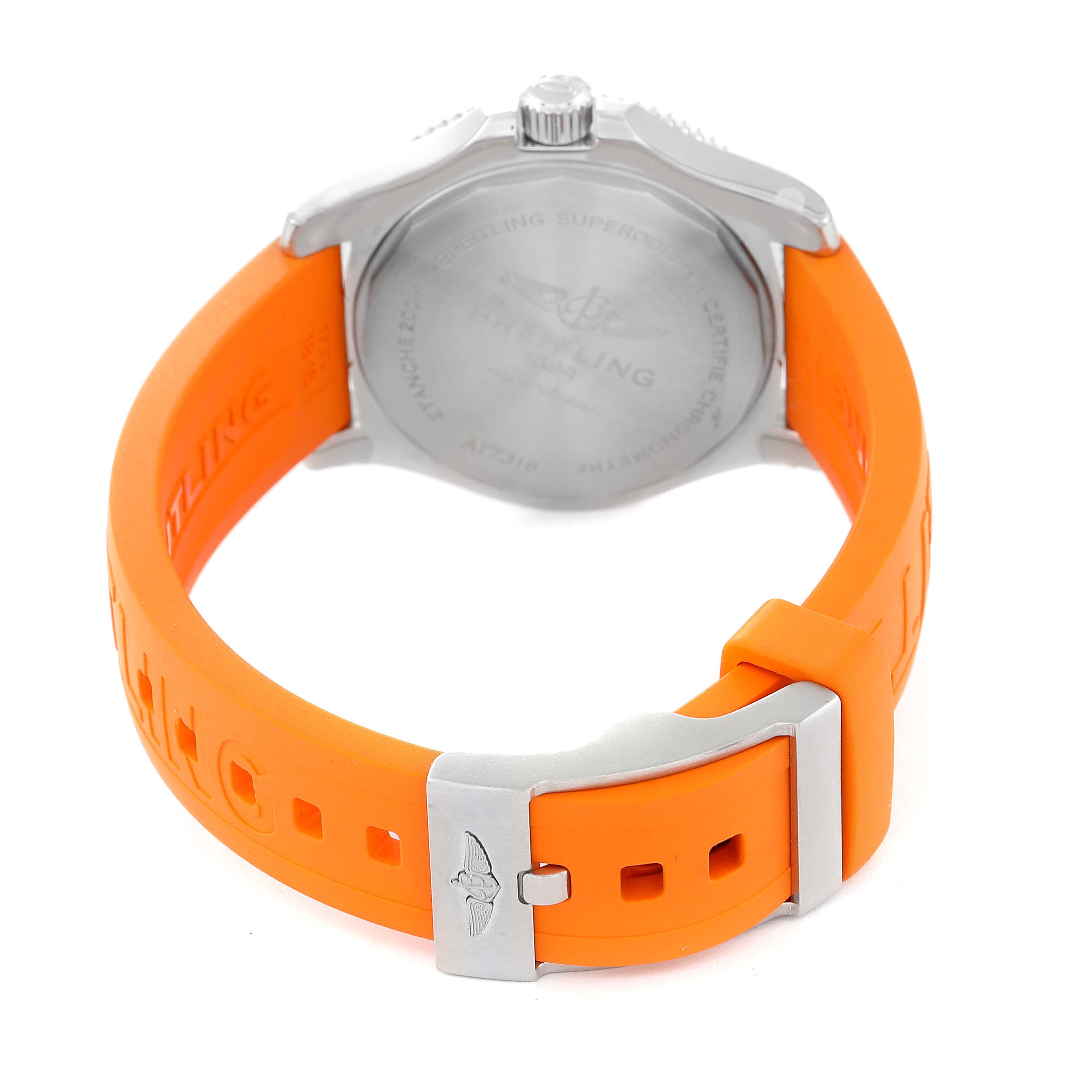 This image shows the back and strap of the Breitling A17316 Women's Stainless Steel Orange Dial A17316 Women's Stainless Steel Orange Dial Superocean 36mm Orange Dial Steel Ladies Watch A17316 Unworn model.