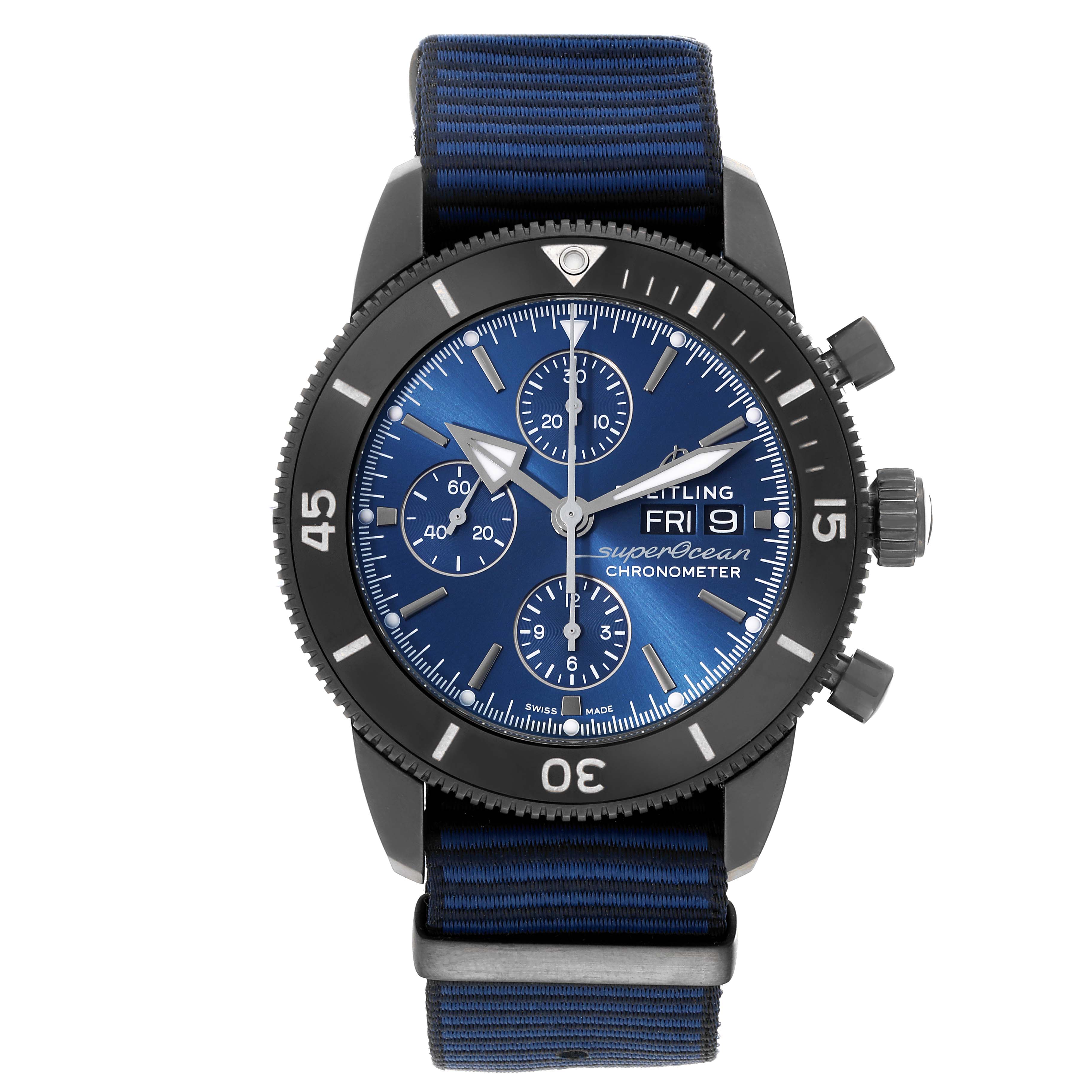 The image shows a front view of a Breitling Superocean M13313 Men
s Stainless Steel Blue Dial M13313 Men
s Stainless Steel Blue Dial watch displaying the face, bezel, chronograph dials, and strap.