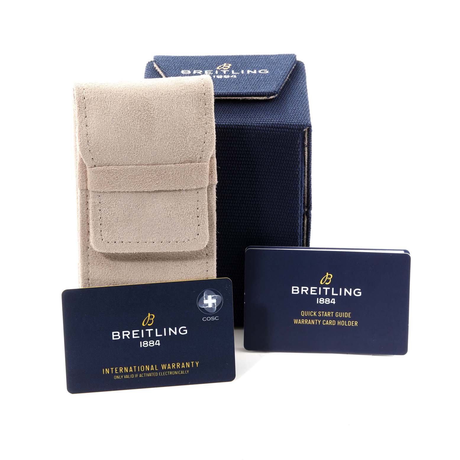 The image shows the packaging for the Breitling Superocean M13313 Men
s Stainless Steel Blue Dial M13313 Men
s Stainless Steel Blue Dial watch, including a case, a pouch, and warranty cards.