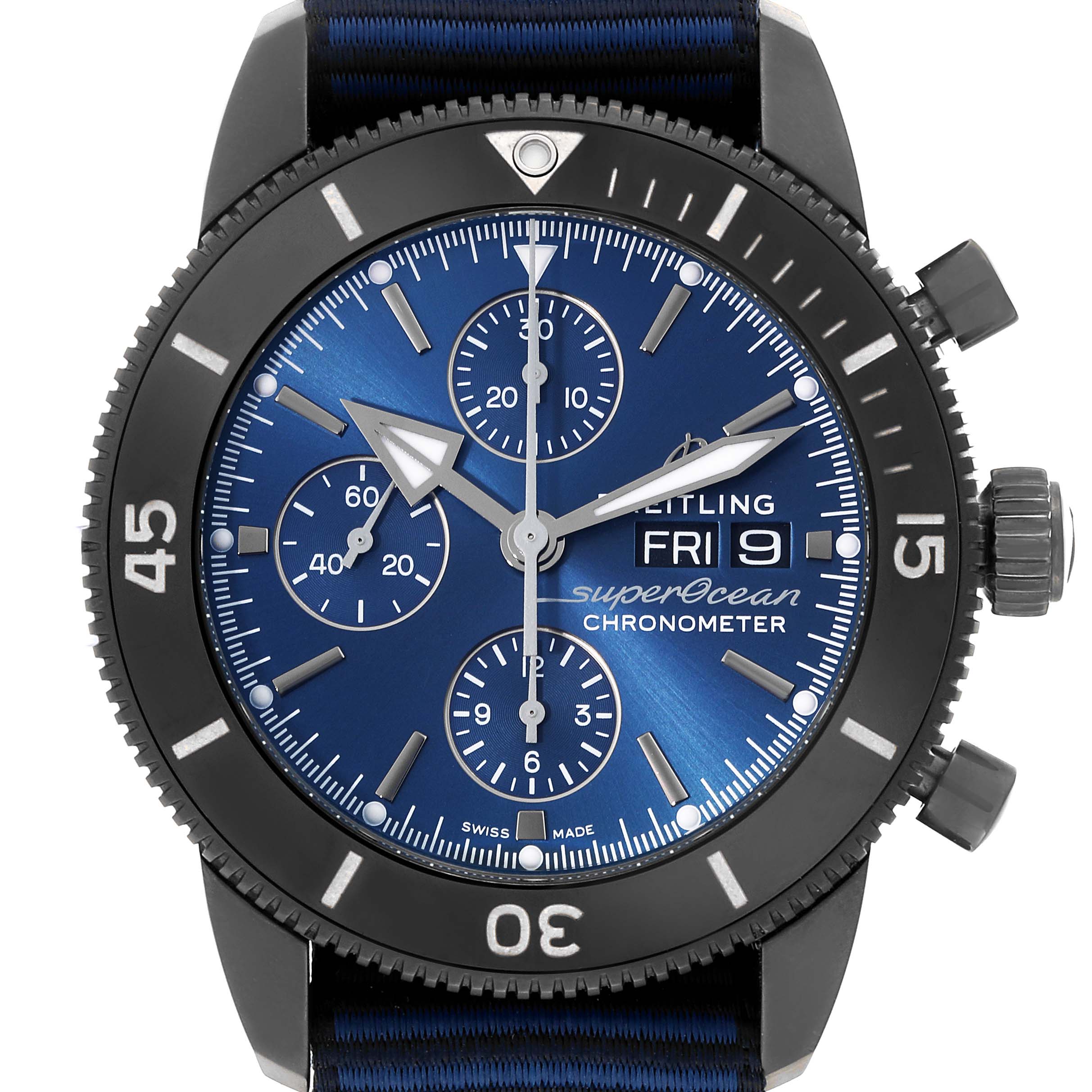 This image shows a front view of the Breitling Superocean M13313 Men
s Stainless Steel Blue Dial M13313 Men
s Stainless Steel Blue Dial Chronometer watch with its blue dial, subdials, and black bezel.