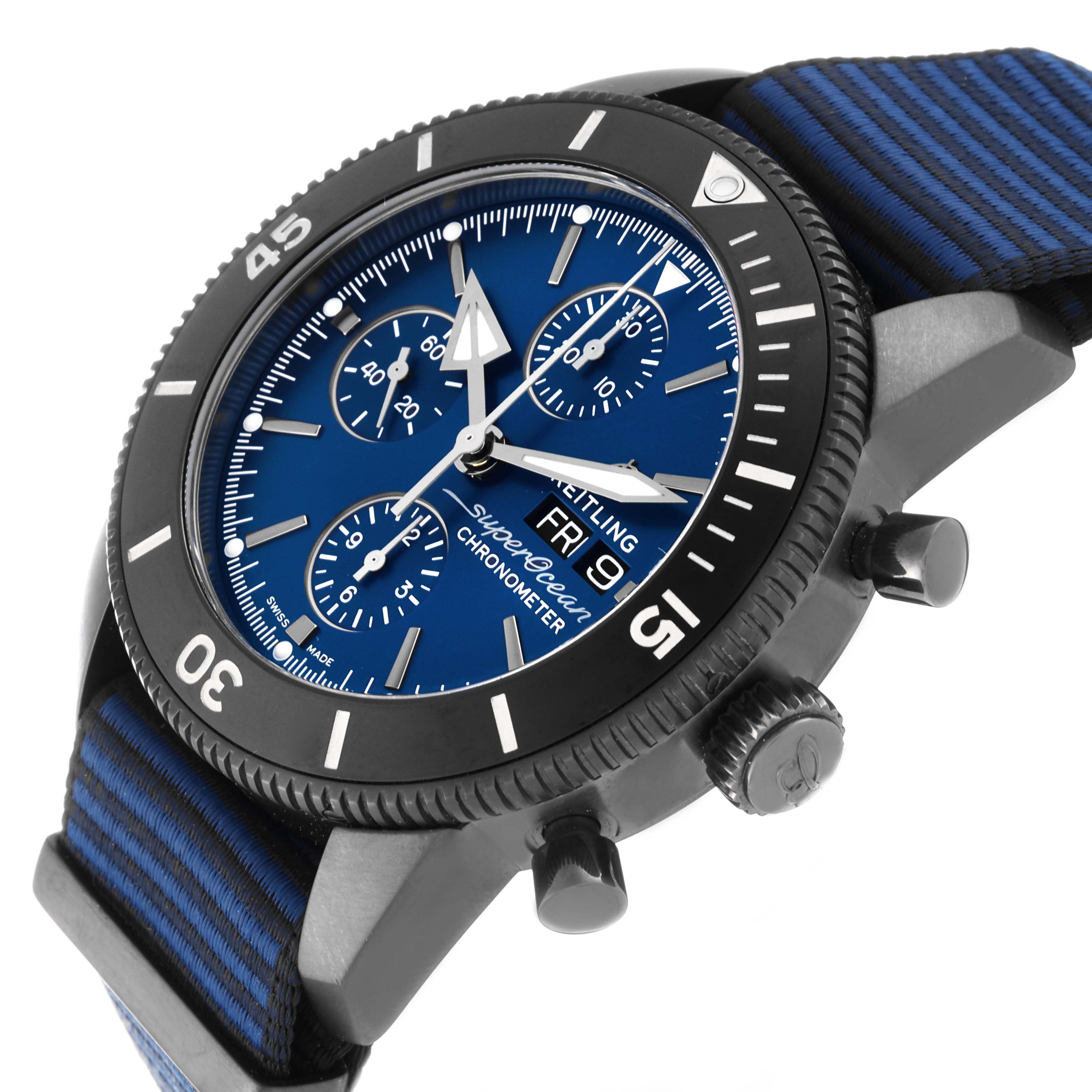This image shows a side angle of the Breitling Superocean M13313 Men
s Stainless Steel Blue Dial M13313 Men
s Stainless Steel Blue Dial watch highlighting its blue dial, push buttons, and strap.
