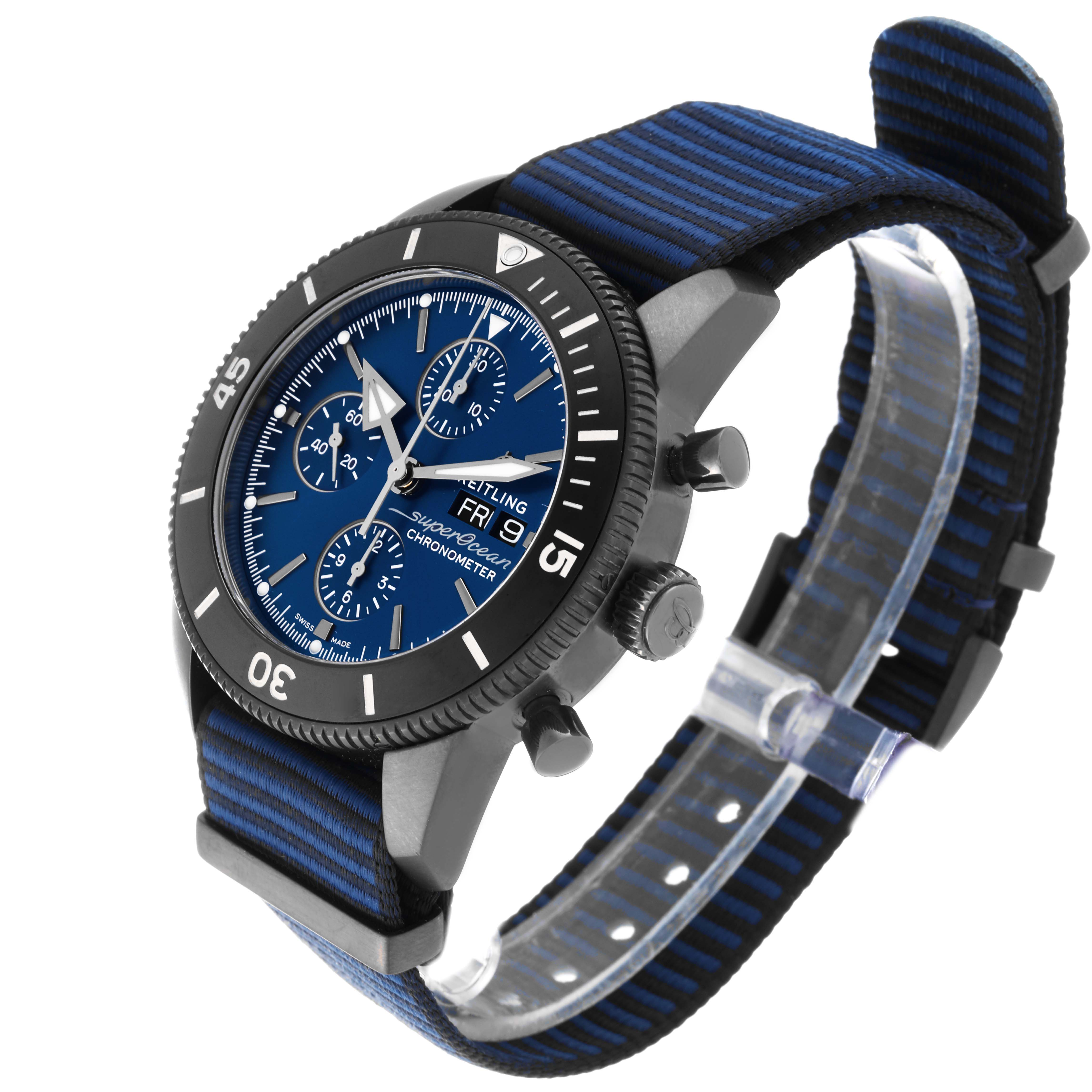 The Breitling Superocean M13313 Men
s Stainless Steel Blue Dial M13313 Men
s Stainless Steel Blue Dial watch is shown at a 3/4 angle, highlighting its blue dial, bezel, chronograph sub-dials, and blue-striped strap.