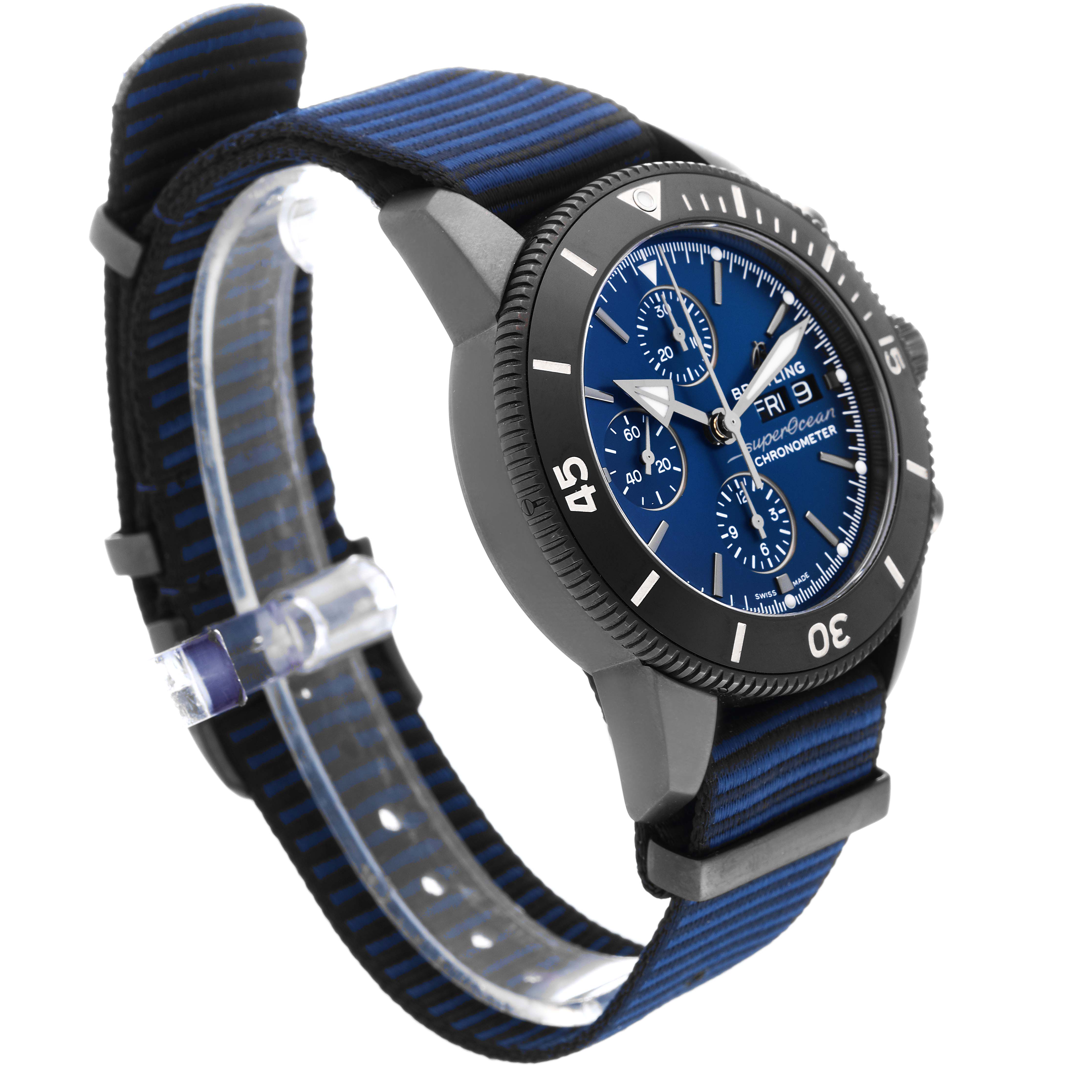 The image shows a side angle of the Breitling Superocean M13313 Men
s Stainless Steel Blue Dial M13313 Men
s Stainless Steel Blue Dial watch, highlighting the bezel, dial, case, and strap.