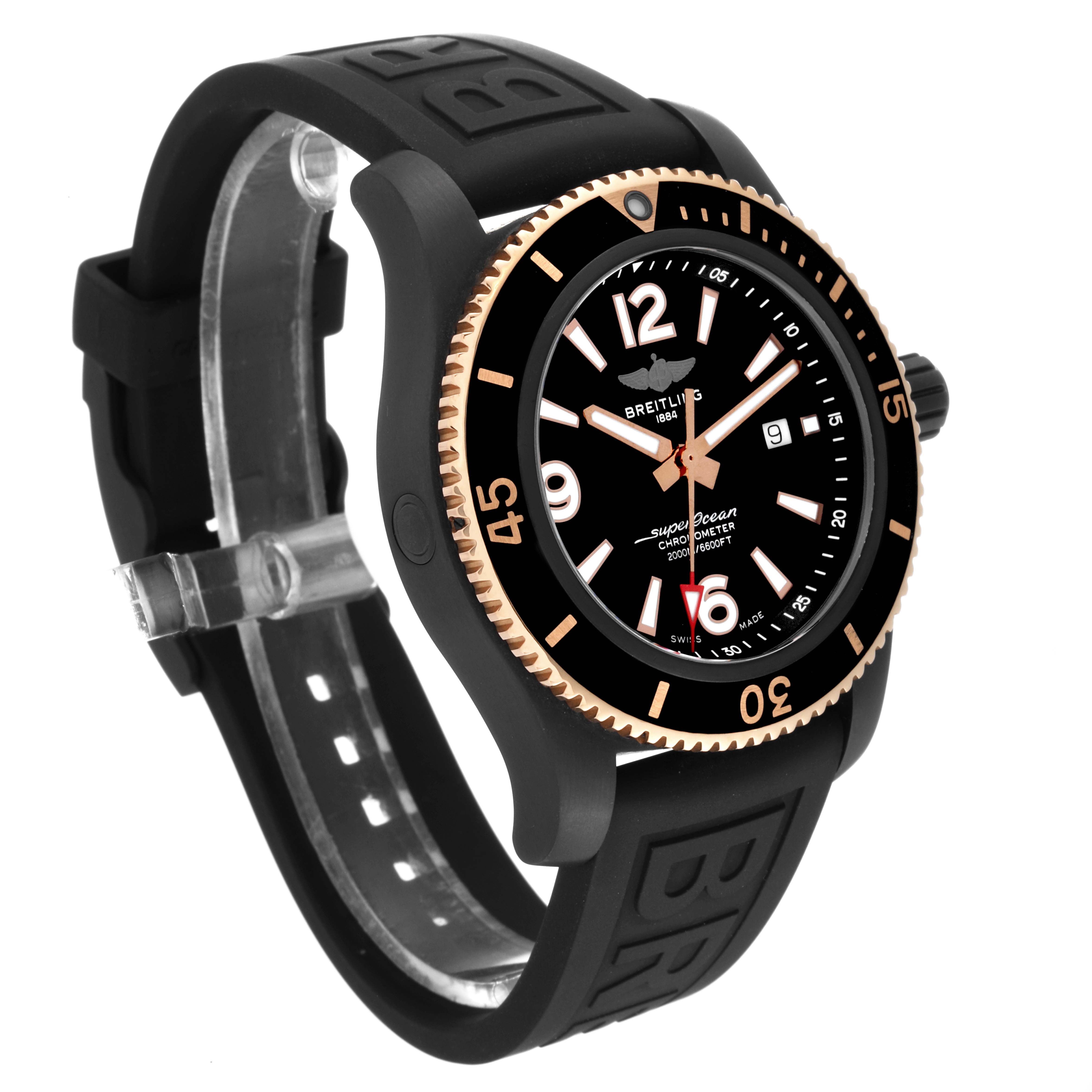 The Breitling Superocean U17368221B1S1 Men's Steel and Gold (two tone) Black Dial U17368221B1S1 Men's Steel and Gold (two tone) Black Dial watch is shown at a three-quarter angle, displaying its face, bezel, and black rubber strap.