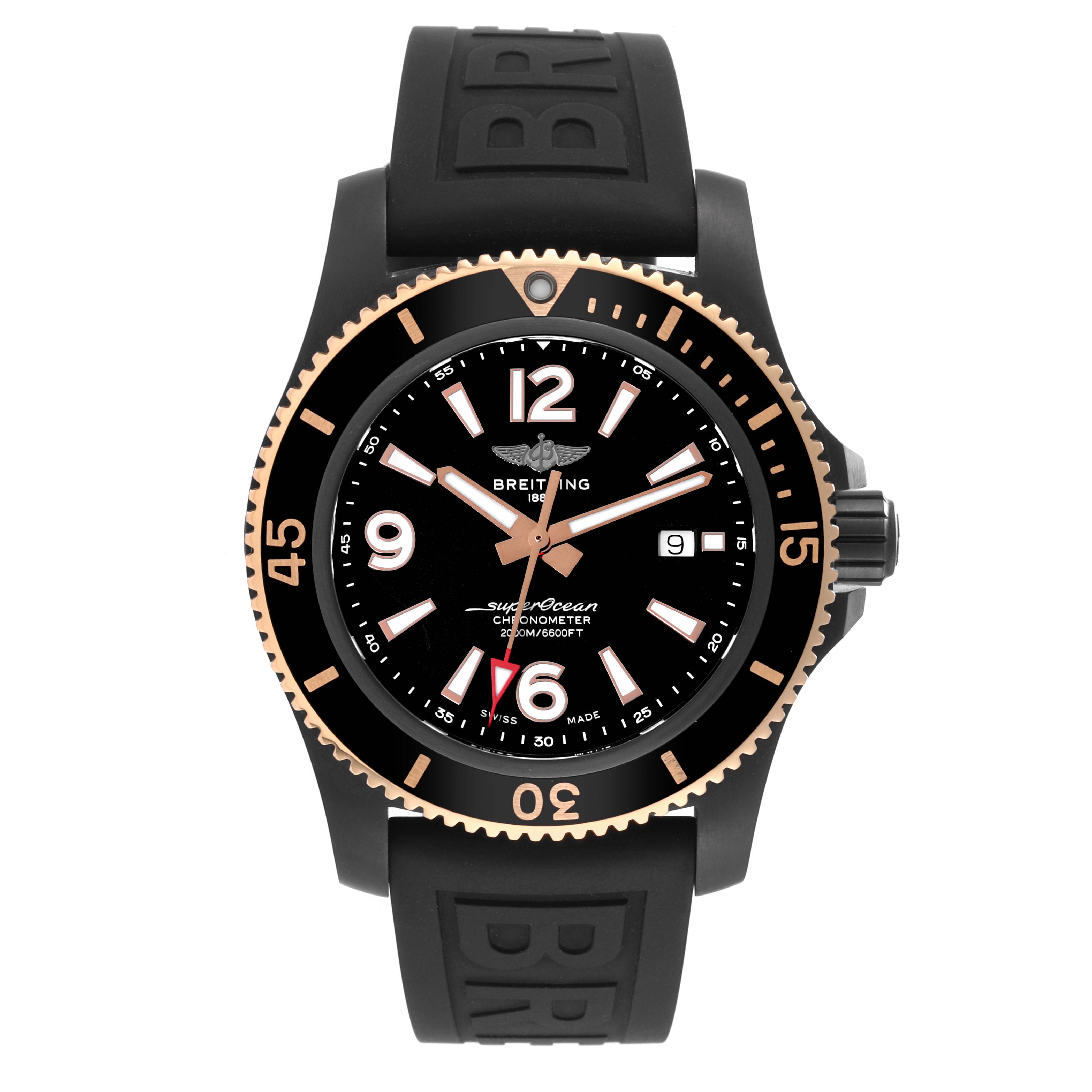 This image shows a front view of the Breitling Superocean U17368221B1S1 Men's Steel and Gold (two tone) Black Dial U17368221B1S1 Men's Steel and Gold (two tone) Black Dial watch, highlighting the dial, bezel, and rubber strap.