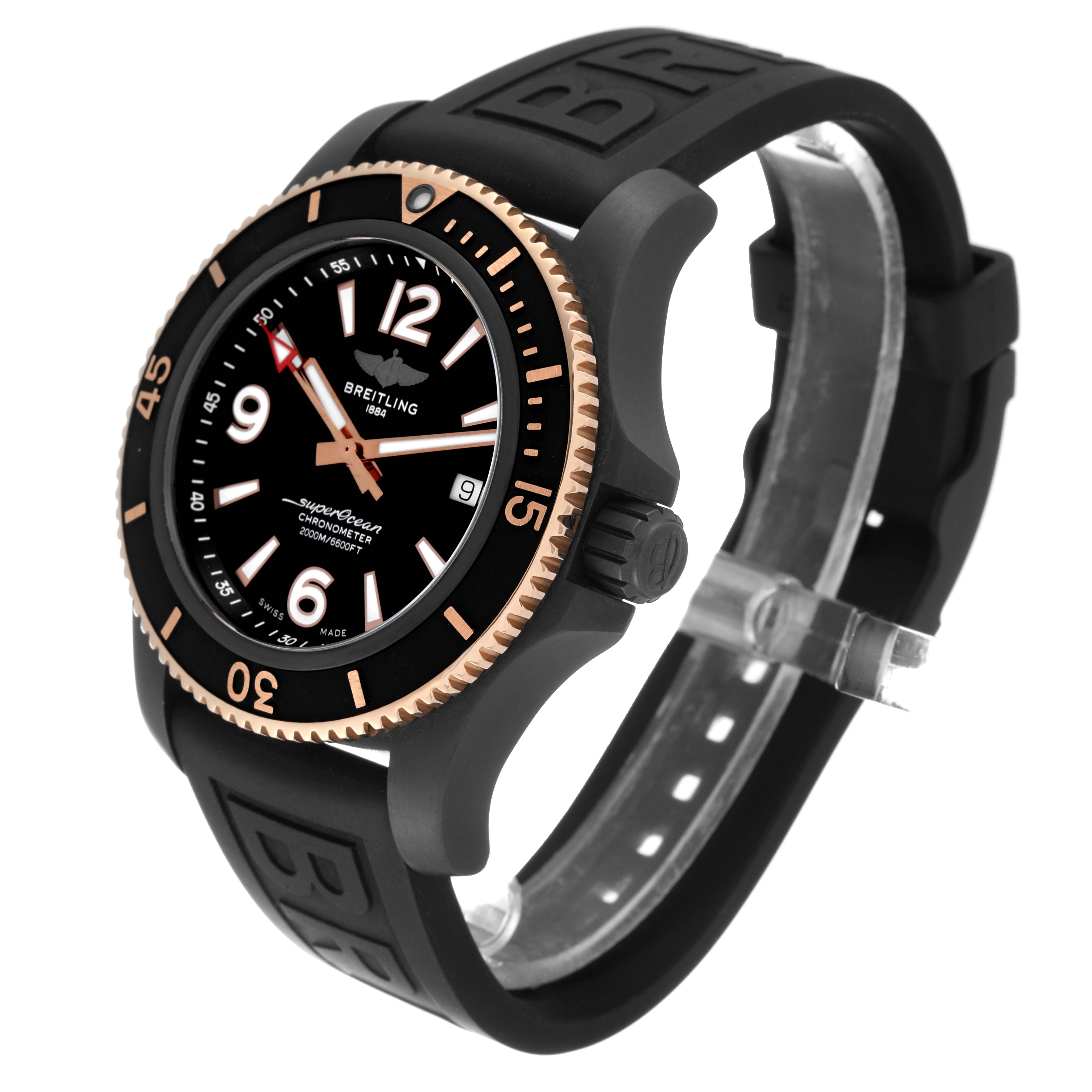 The Breitling Superocean U17368221B1S1 Men's Steel and Gold (two tone) Black Dial U17368221B1S1 Men's Steel and Gold (two tone) Black Dial watch is shown from a front-side angle, highlighting its dial, bezel, and rubber strap.