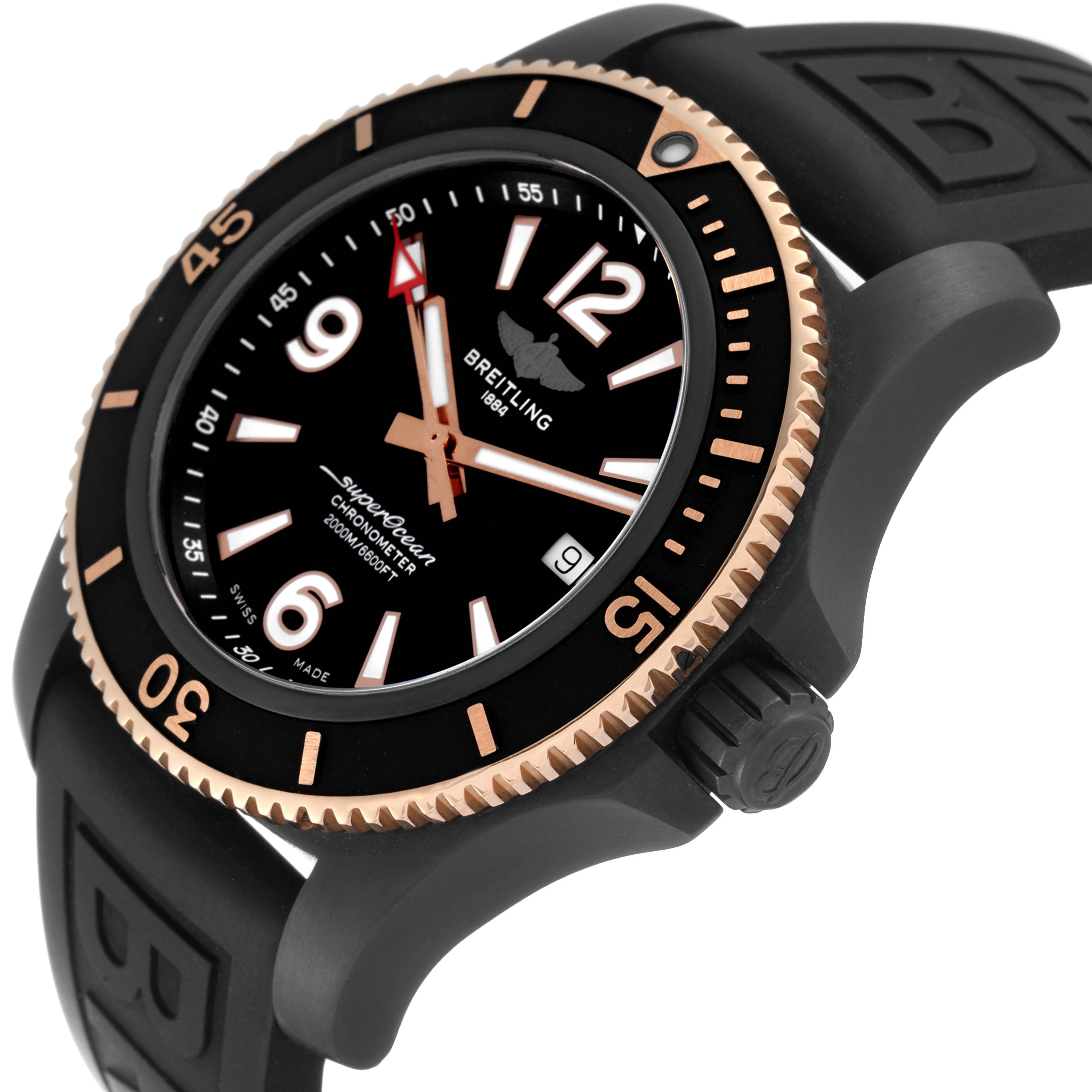 This image shows a side-angle view of the Breitling Superocean U17368221B1S1 Men's Steel and Gold (two tone) Black Dial U17368221B1S1 Men's Steel and Gold (two tone) Black Dial watch, highlighting its bezel, dial, crown, and strap.