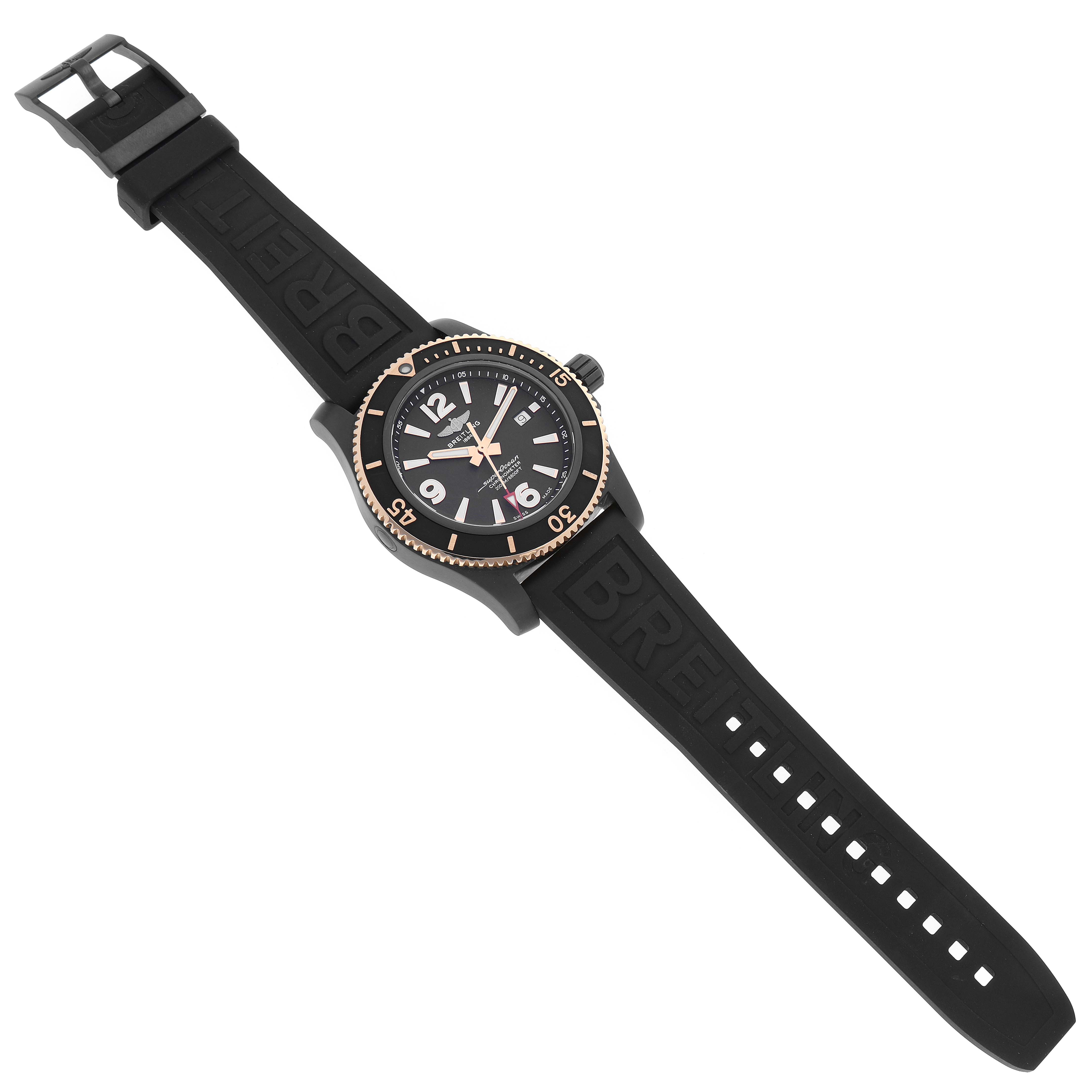 The image shows a Breitling Superocean U17368221B1S1 Men's Steel and Gold (two tone) Black Dial U17368221B1S1 Men's Steel and Gold (two tone) Black Dial watch from a top view, displaying the face, bezel, and black strap.